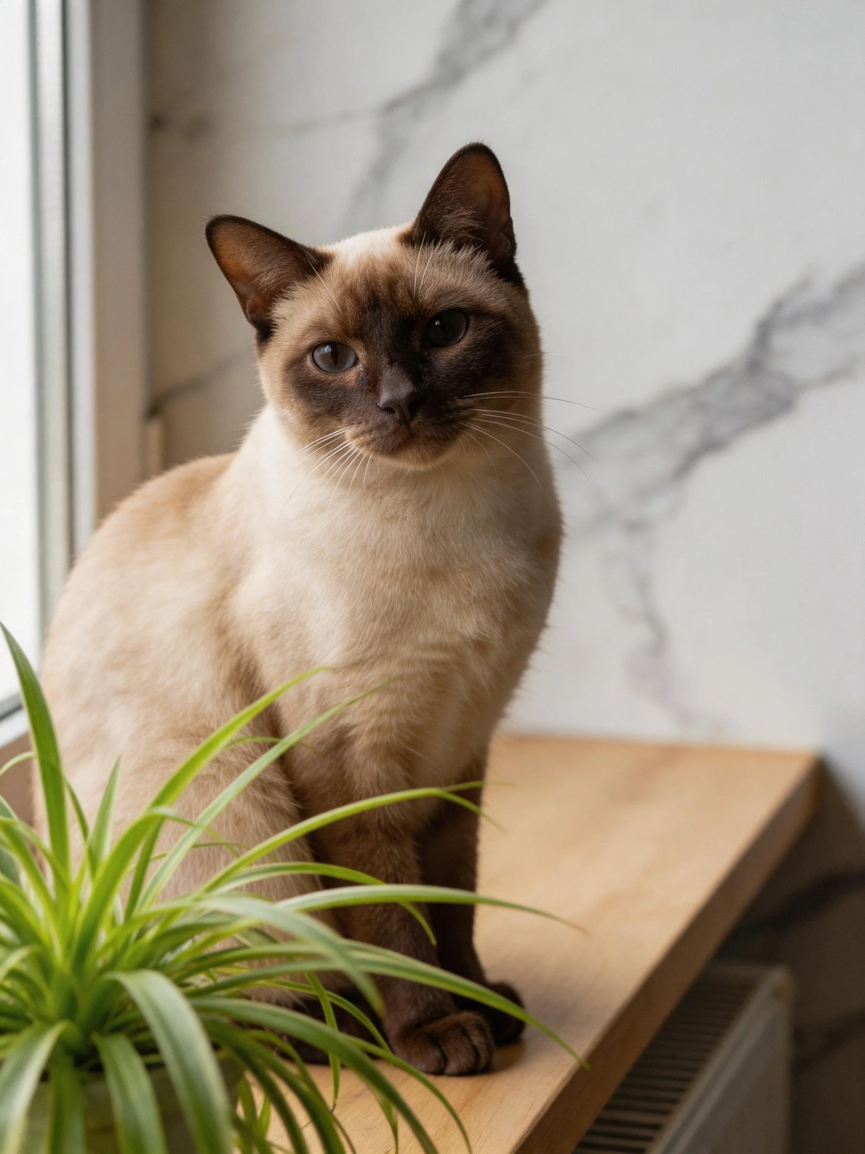 Siamese cat sits on wooden ledge near green plant with marble wall