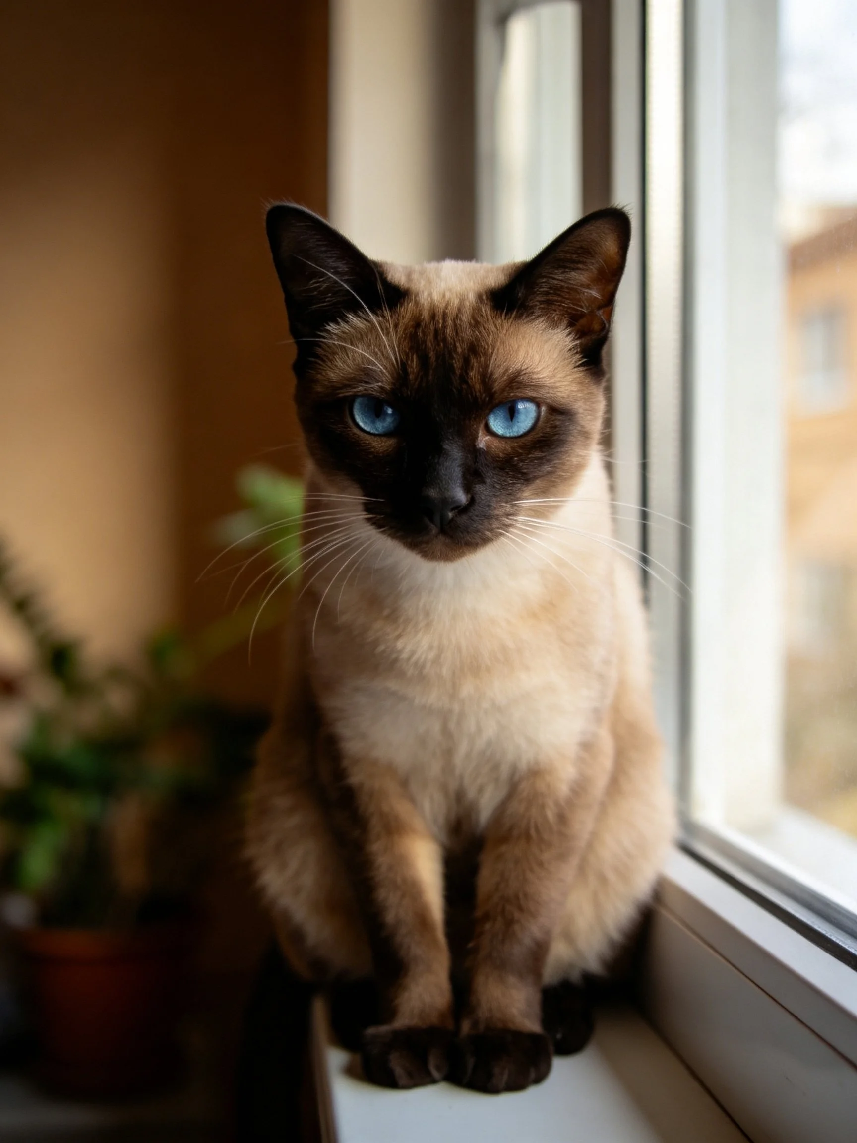 Siamese cat with vivid blue eyes sits calmly beside a bright window.