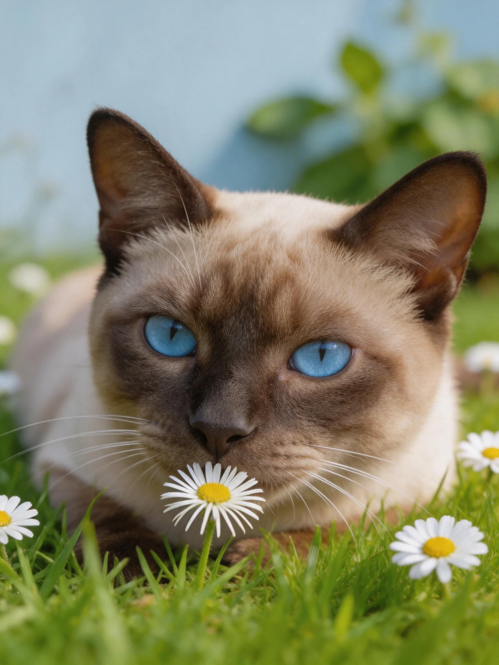 A Siamese cat with blue eyes relaxes among daisies on grass.