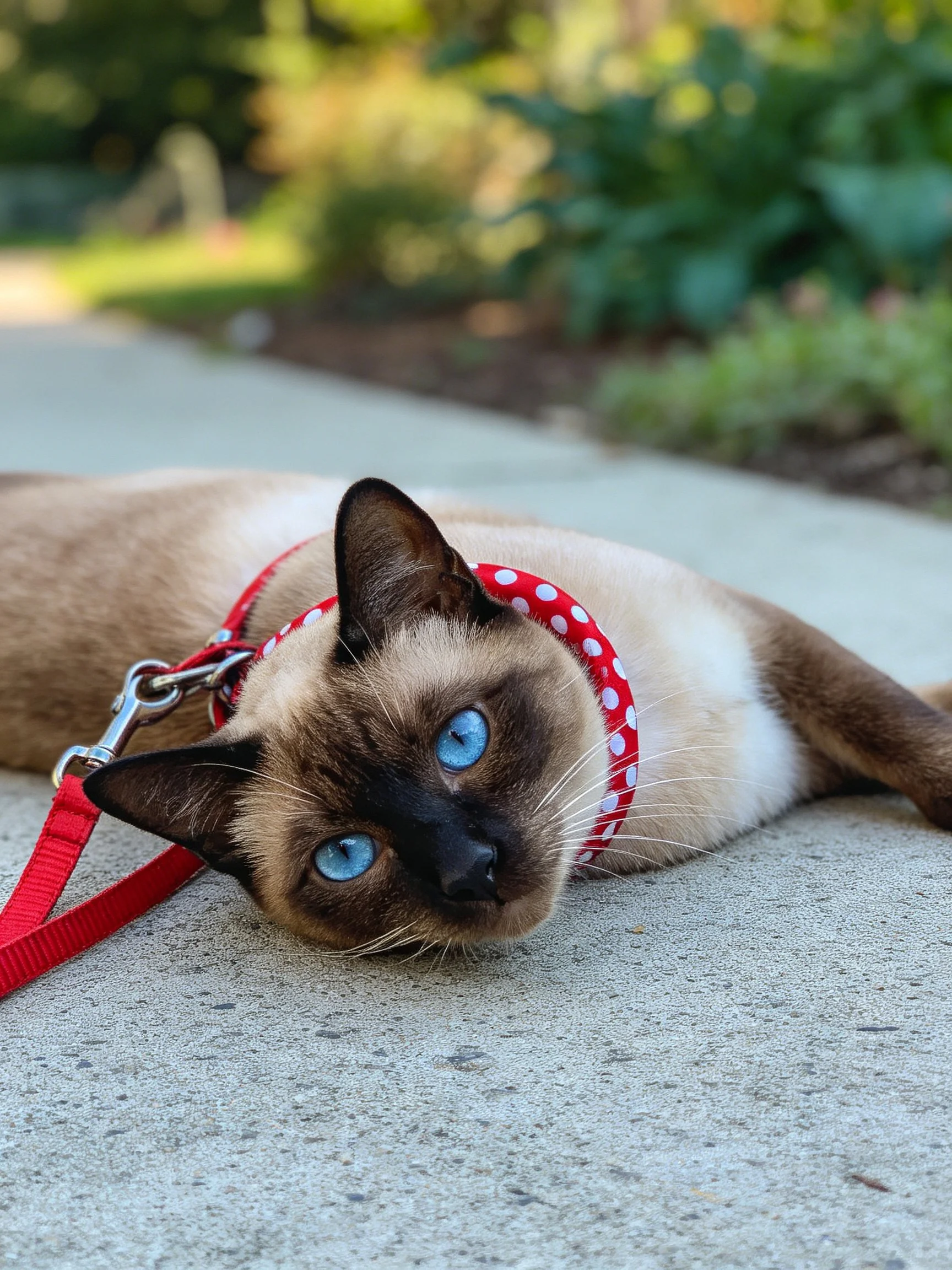 Siamese cat with blue eyes wears red polka dot harness on concrete