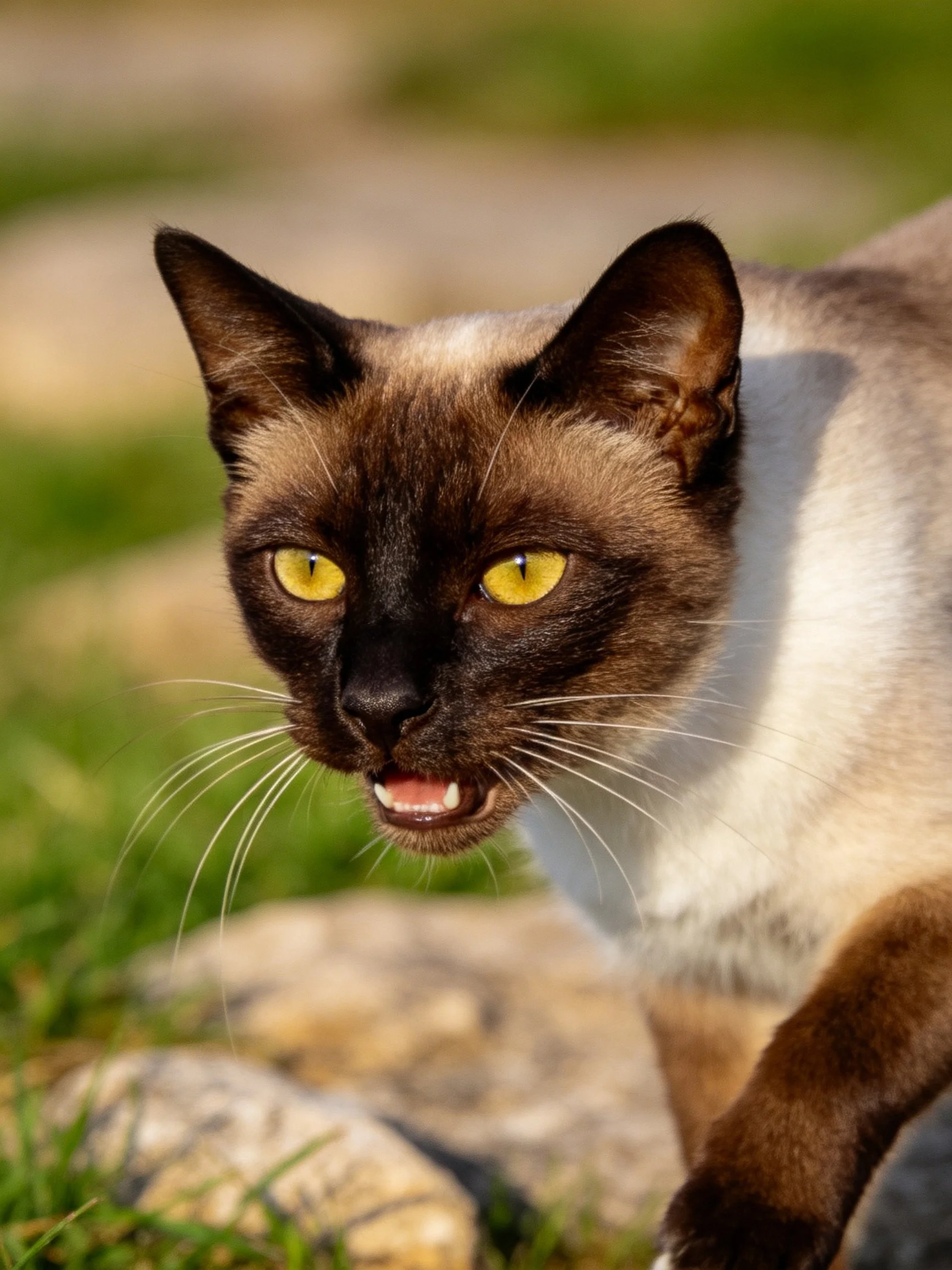 Siamese cat with brown and white fur, yellow eyes outdoors