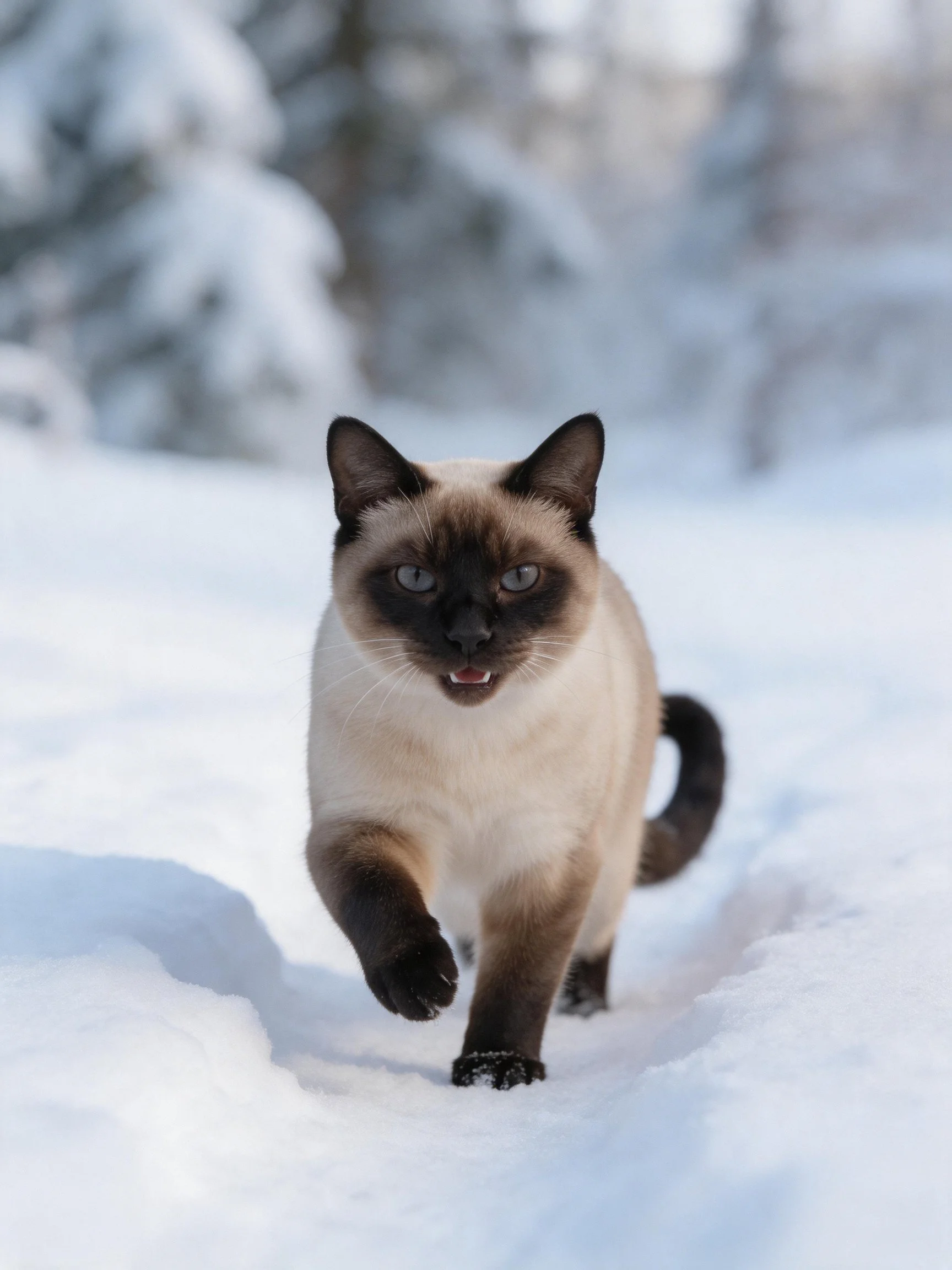 Siamese cat with dark markings walking in deep snow