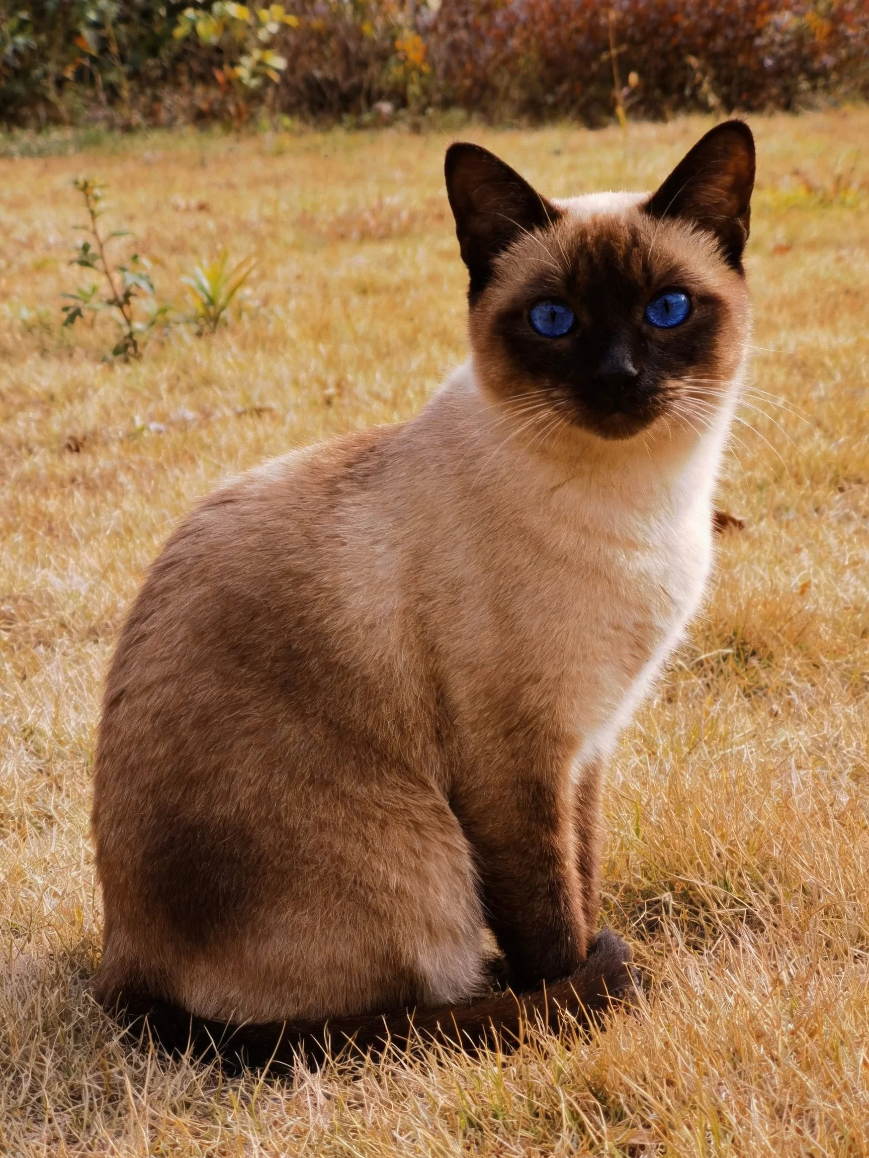 Siamese cat with blue eyes rests on dry grass in an outdoor setting.