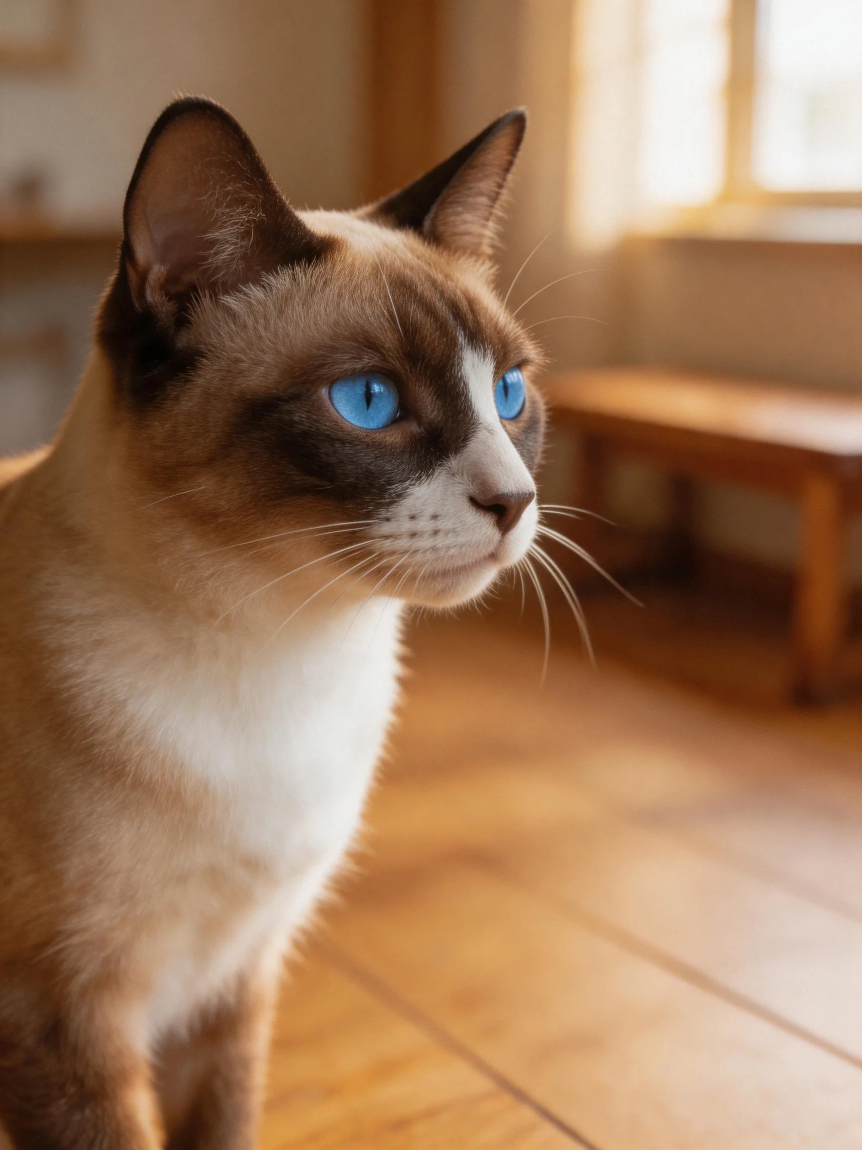 A Siamese cat with vivid blue eyes observes its surroundings in a sunlit room.