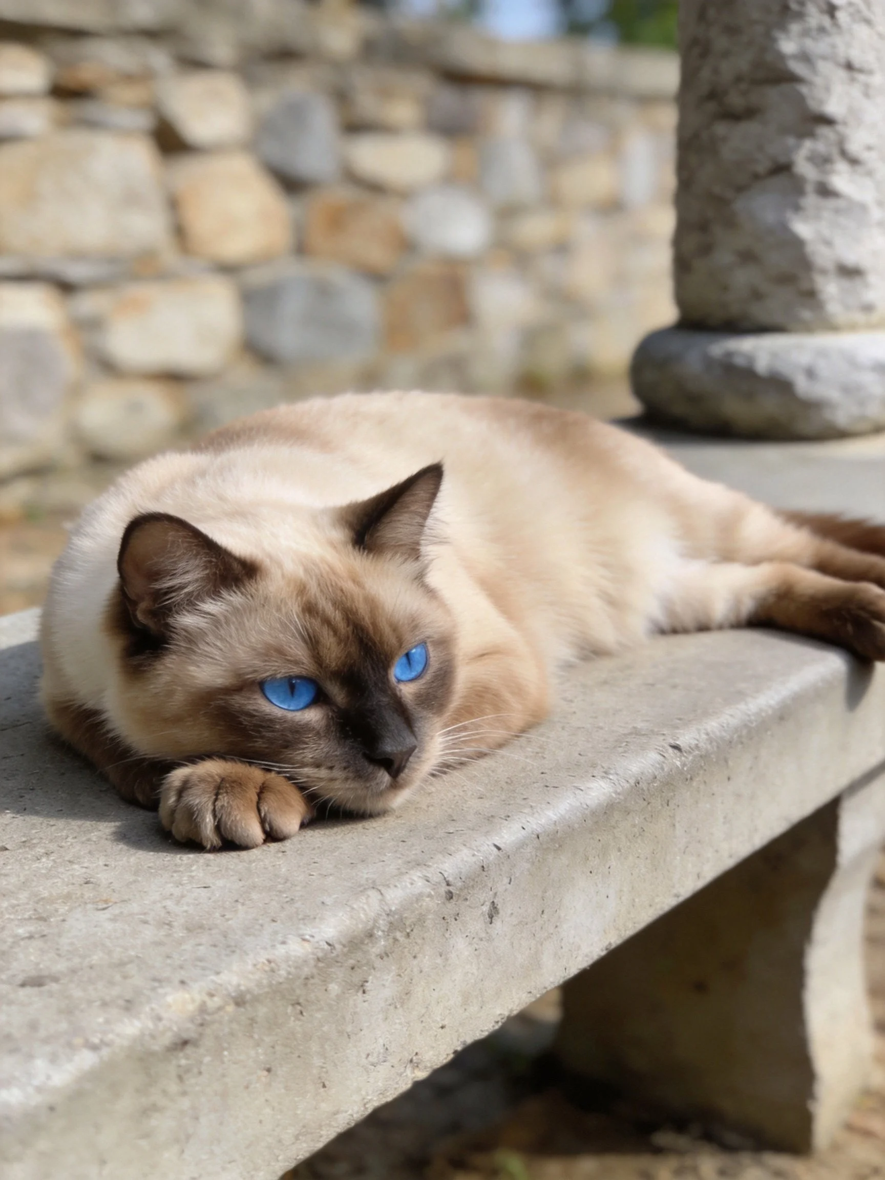 A Siamese cat with blue eyes relaxes on an stone bench.