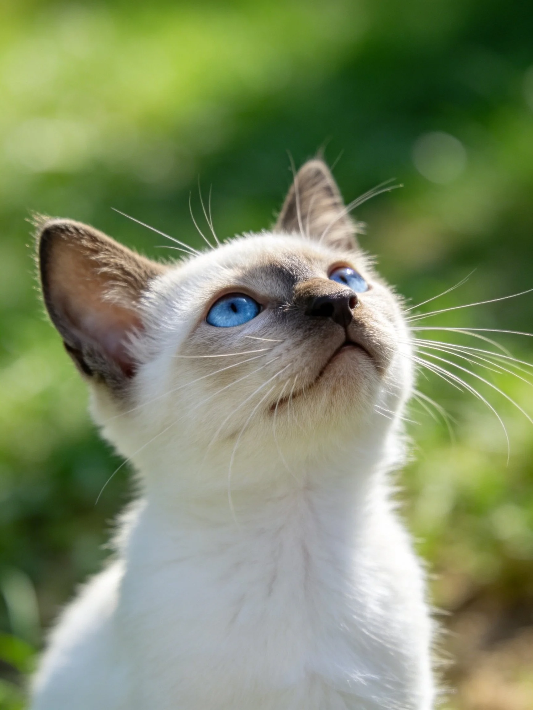 Siamese kitten with bright blue eyes looks upward near lush green foliage