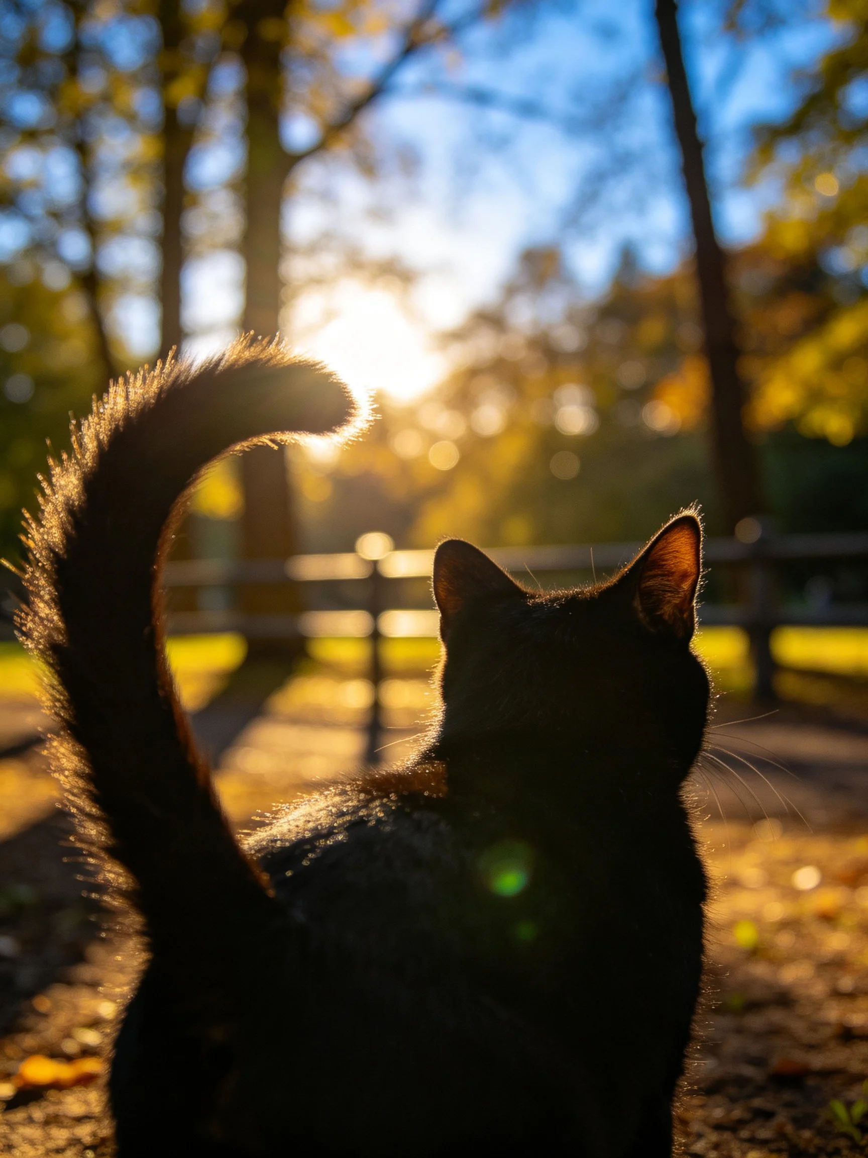 Silhouetted black cat with golden sunset in wooded park