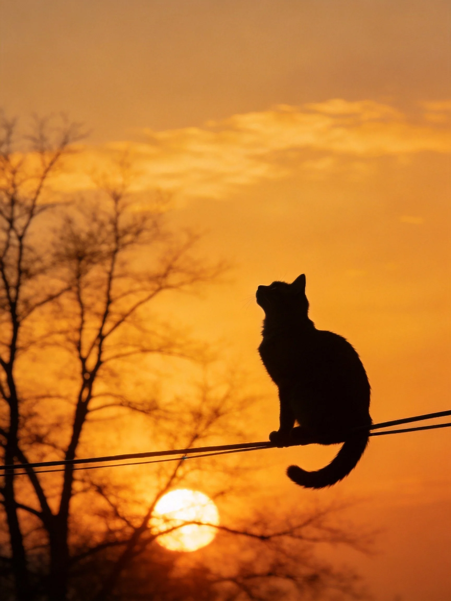Silhouetted cat perched on wire during golden sunset