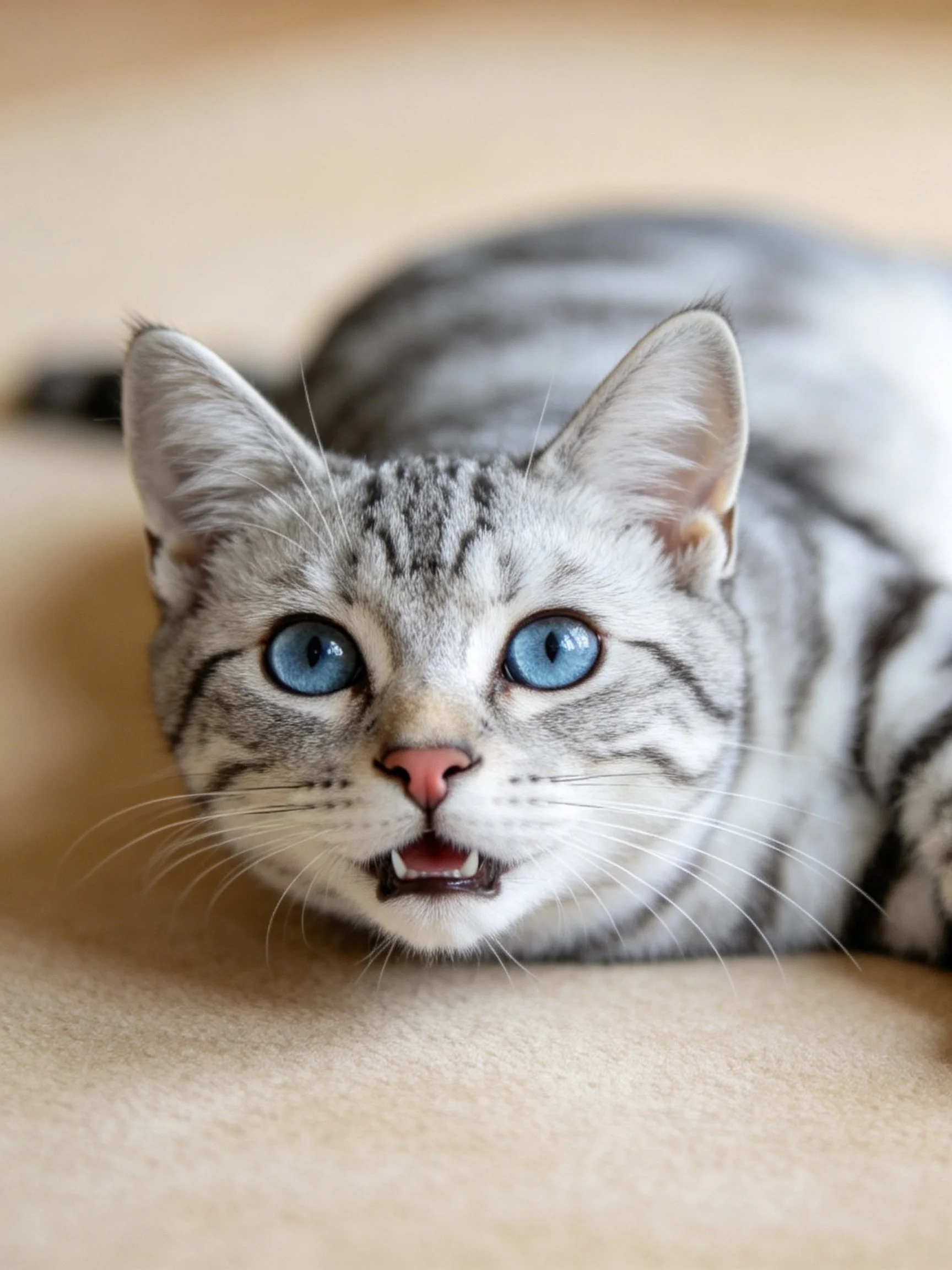 Silver-striped kitten with bright blue eyes rests on a beige fabric surface