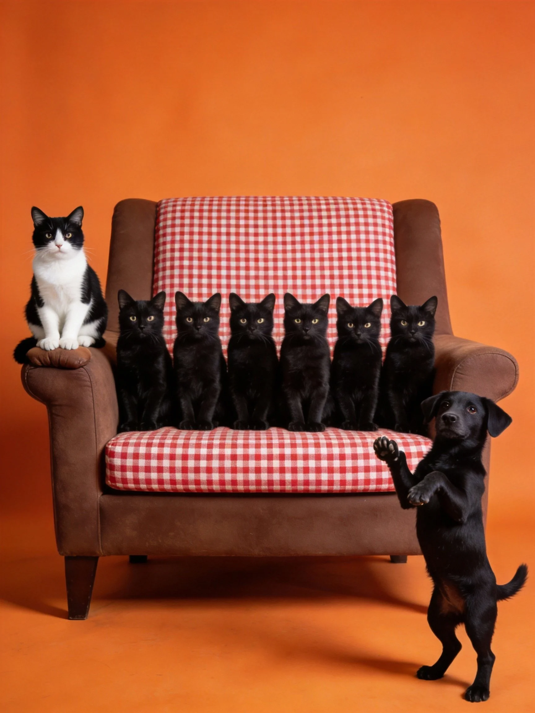 Six black cats, one calico cat, and a small black dog near a brown armchair with red checkered cushio