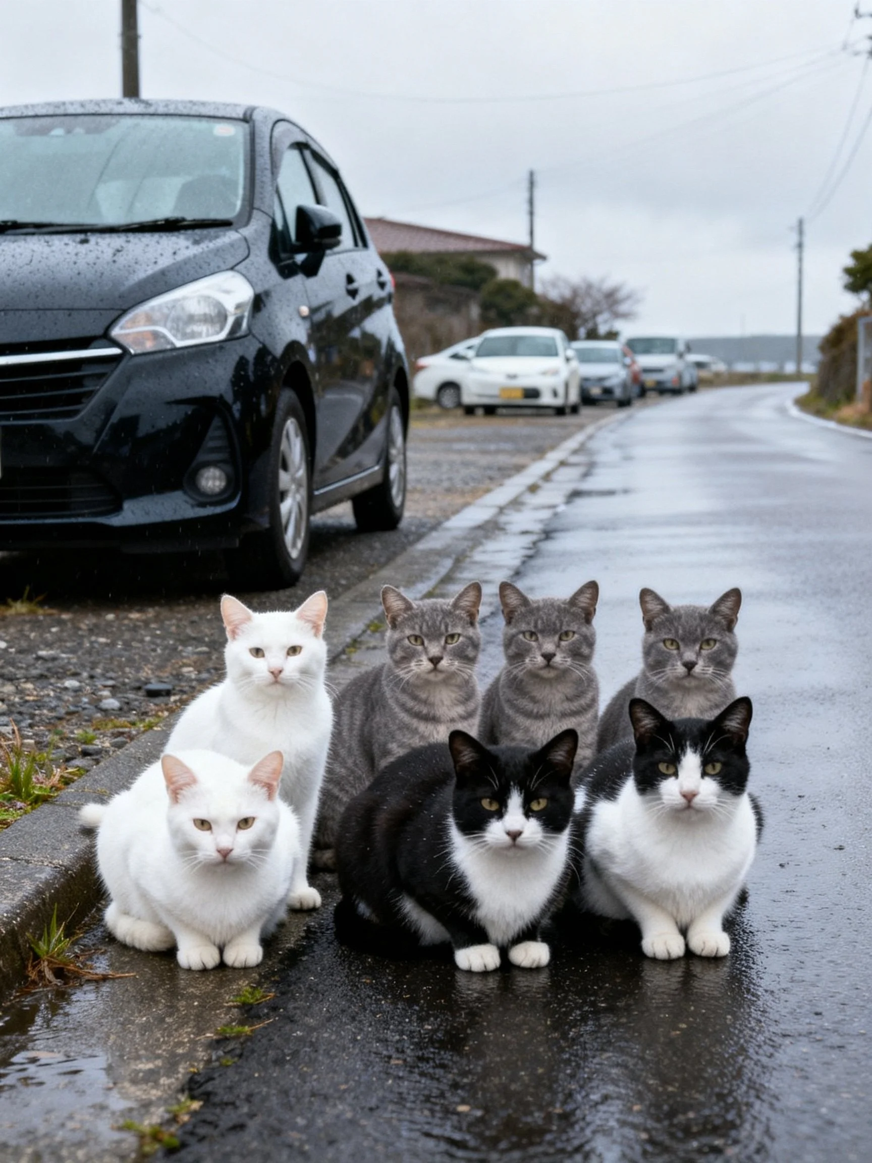 Six cats sit together on a damp road with nearby parked cars