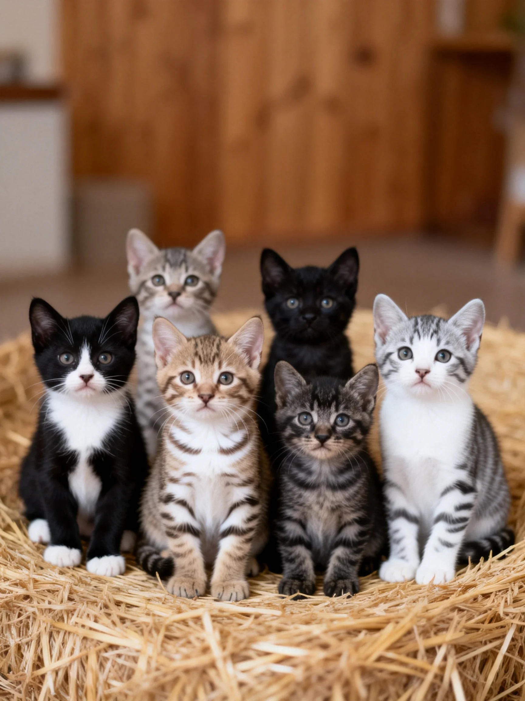 Six colorful kittens grouped on a straw nest