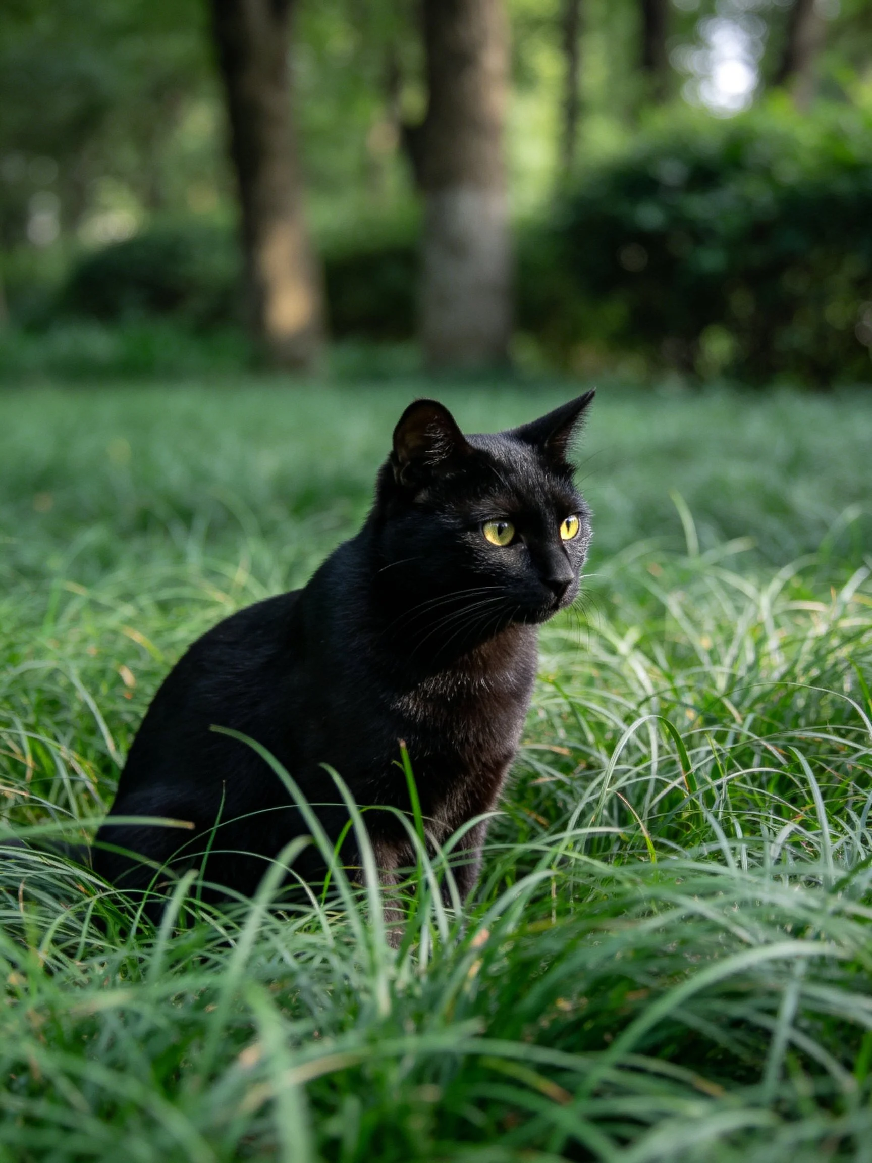 Sleek black cat in tall green grass near forest