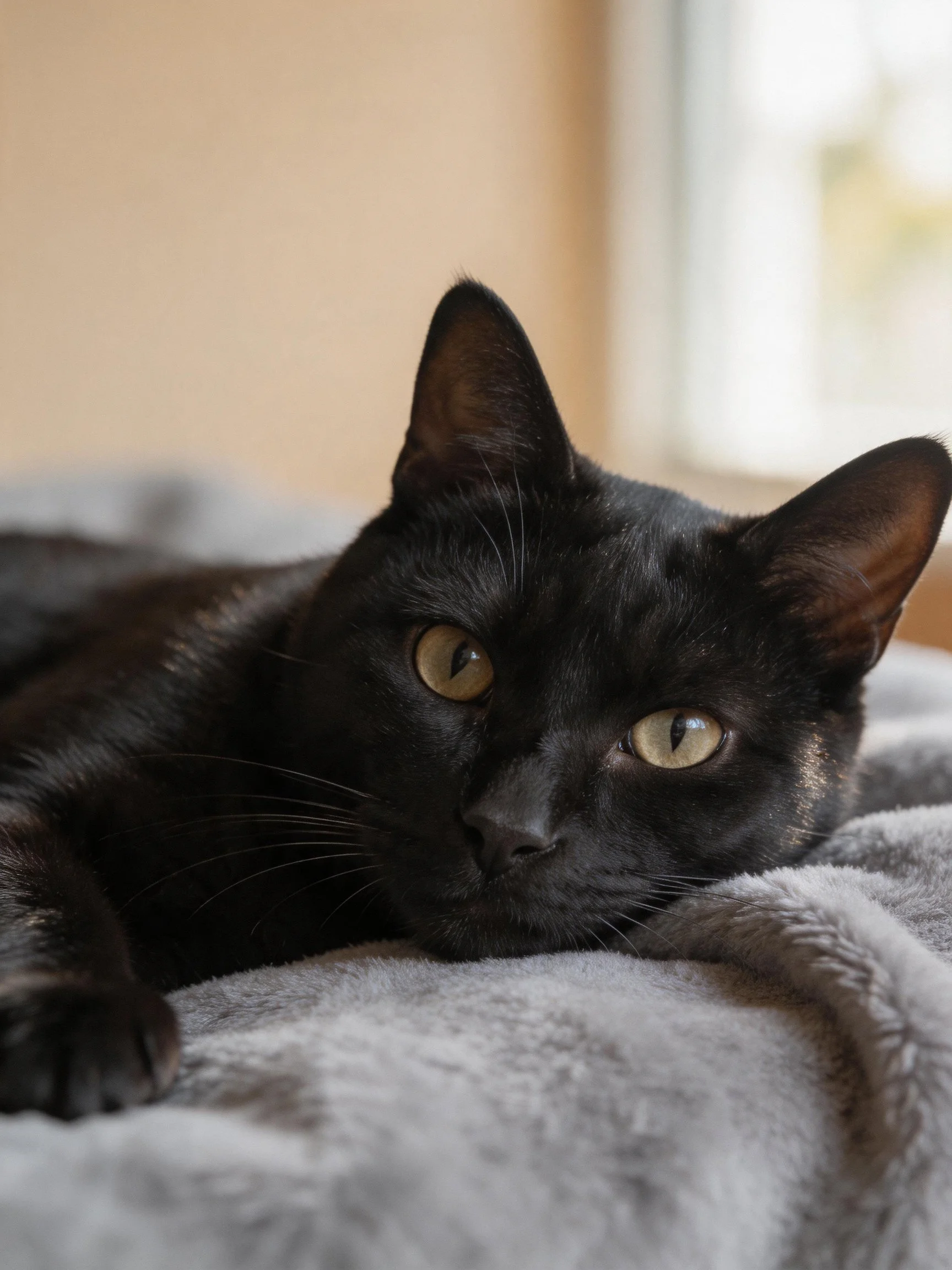 Sleek black cat lounges on plush gray blanket near softly lit window