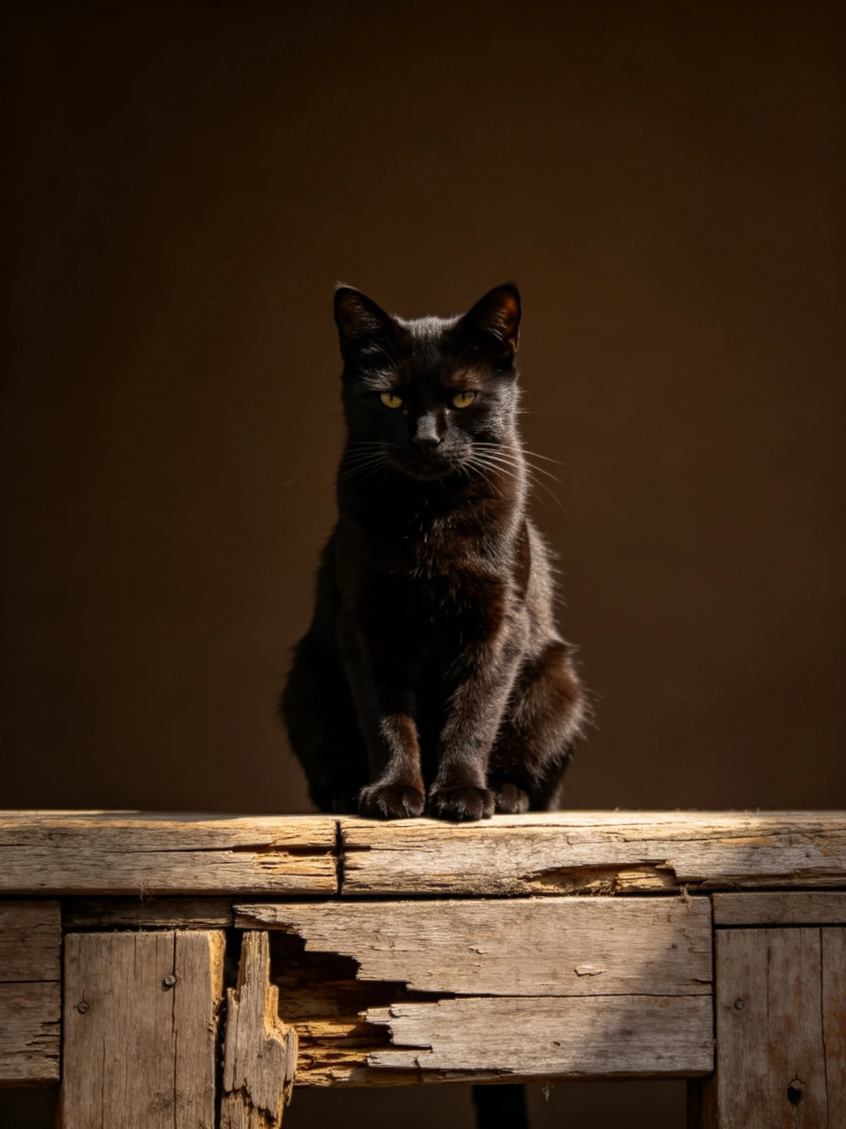 Sleek black cat resting on aged wooden planks under dim lighting