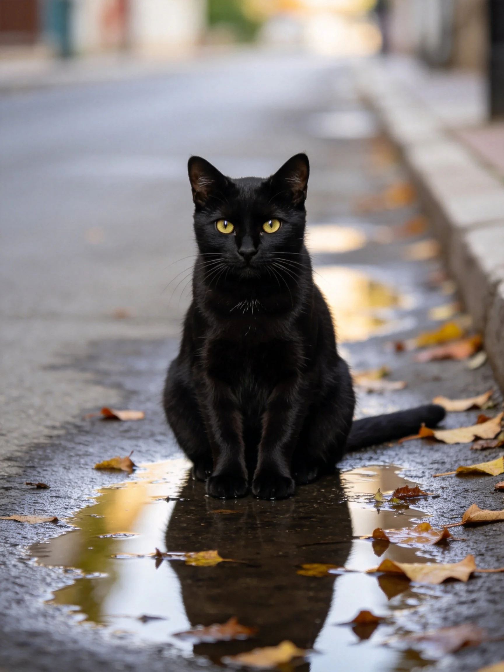 Sleek black cat sits on wet sidewalk with scattered autumn leaves