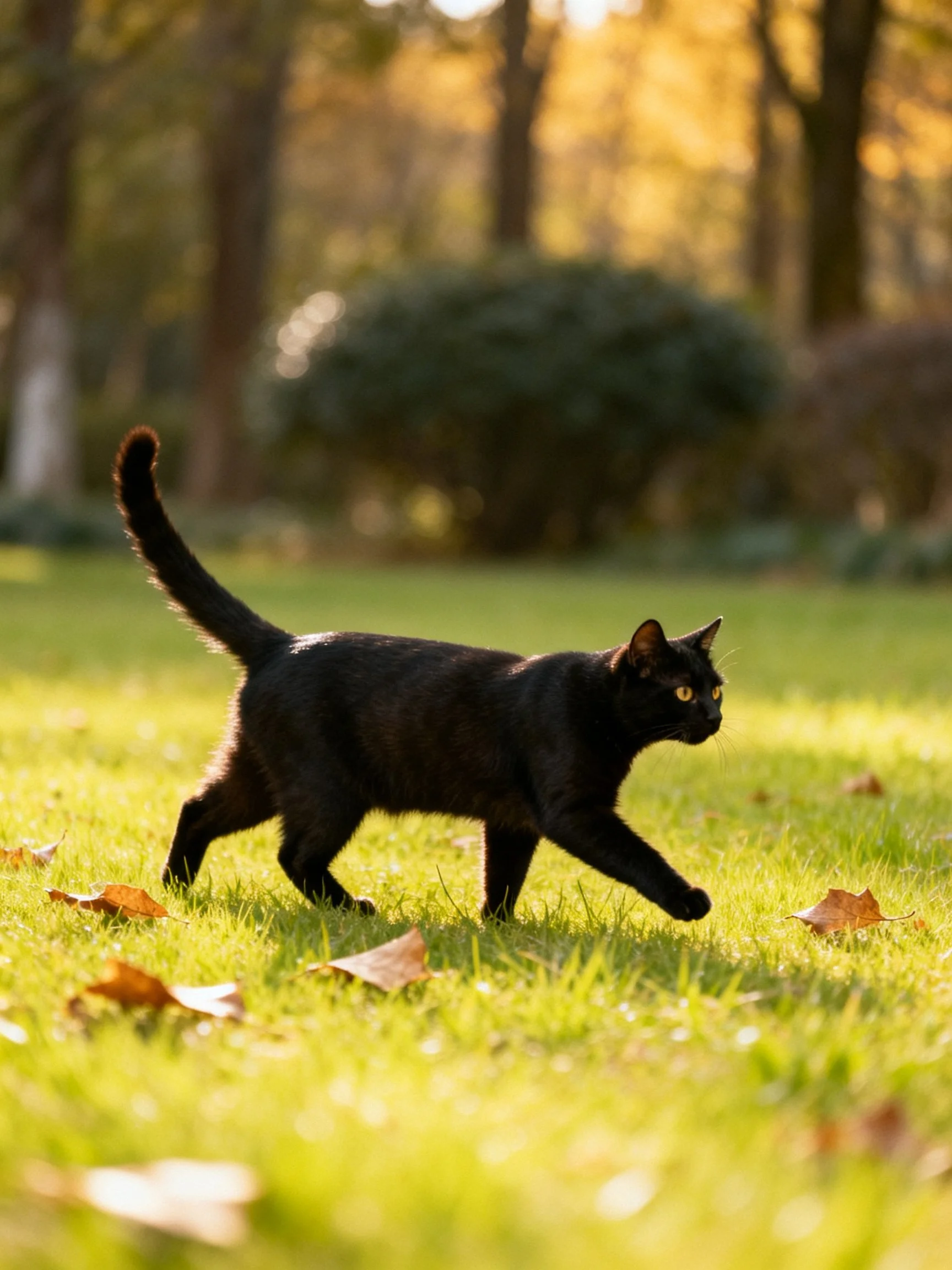Sleek black cat walks on sunlit grass with scattered leaves