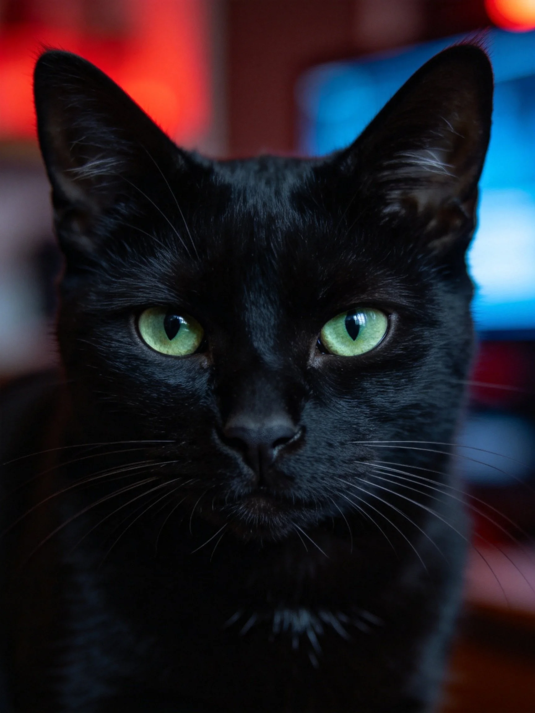 Sleek black cat with bright green eyes amid colorful blurred lights