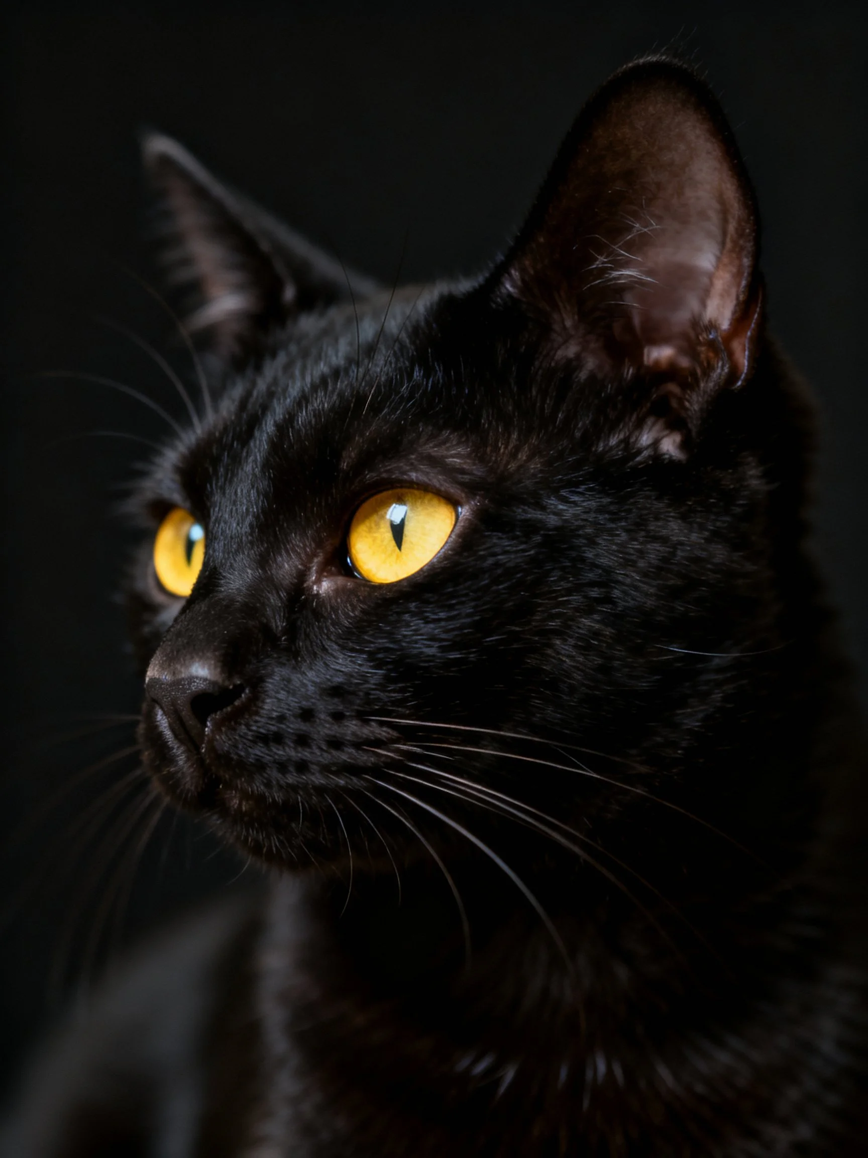 Sleek black cat with bright yellow eyes against dark background