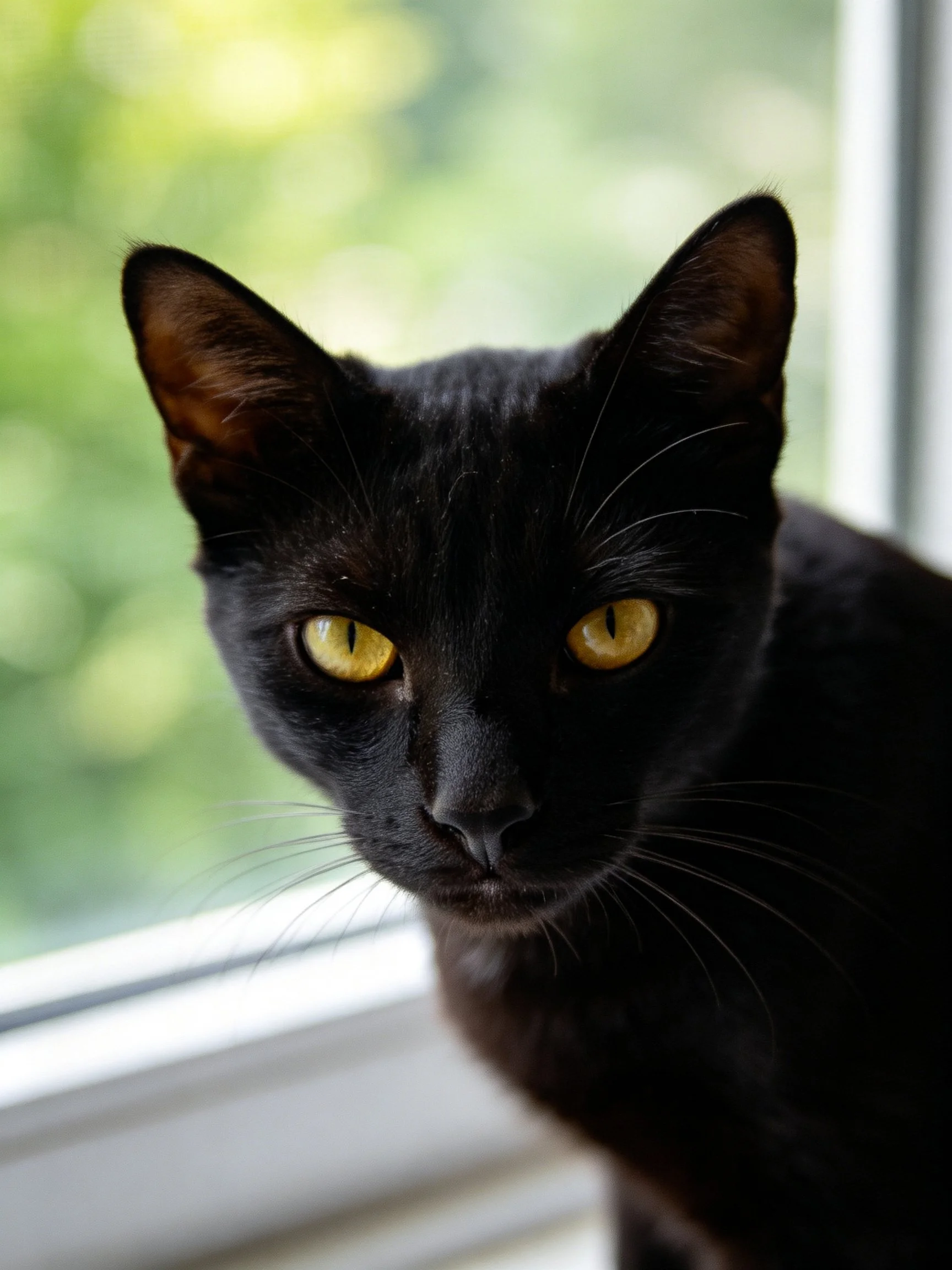 Sleek black cat with bright yellow eyes sits by sunlit window with greenery outside.