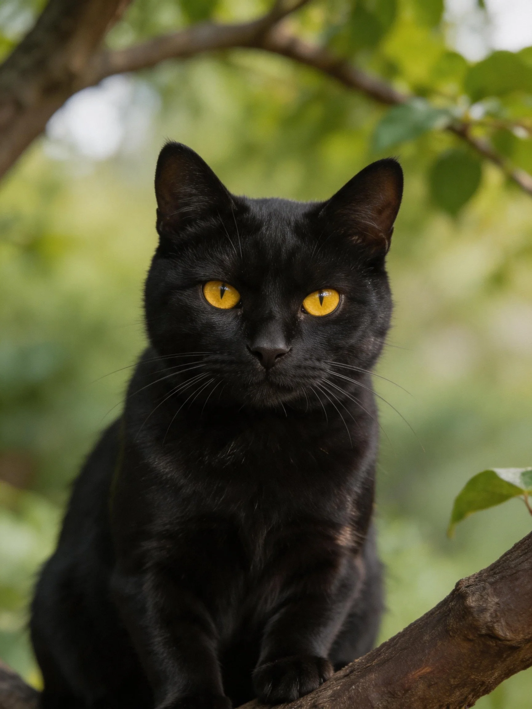 Sleek black cat with bright yellow eyes perched on a tree branch