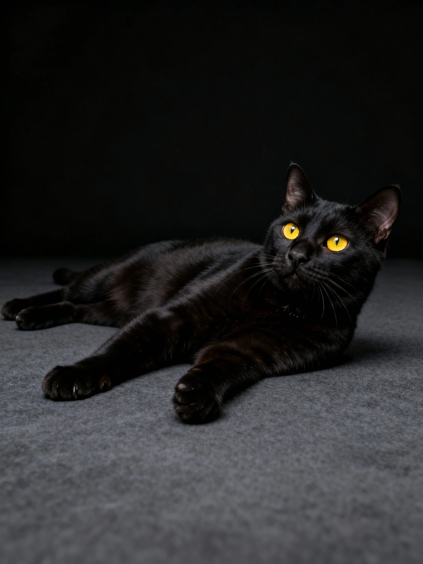 A black cat with bright yellow eyes rests on a gray carpet.