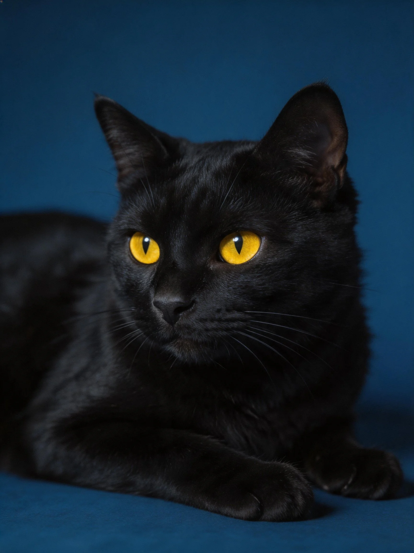 Black cat with vivid yellow eyes rests on blue surface.