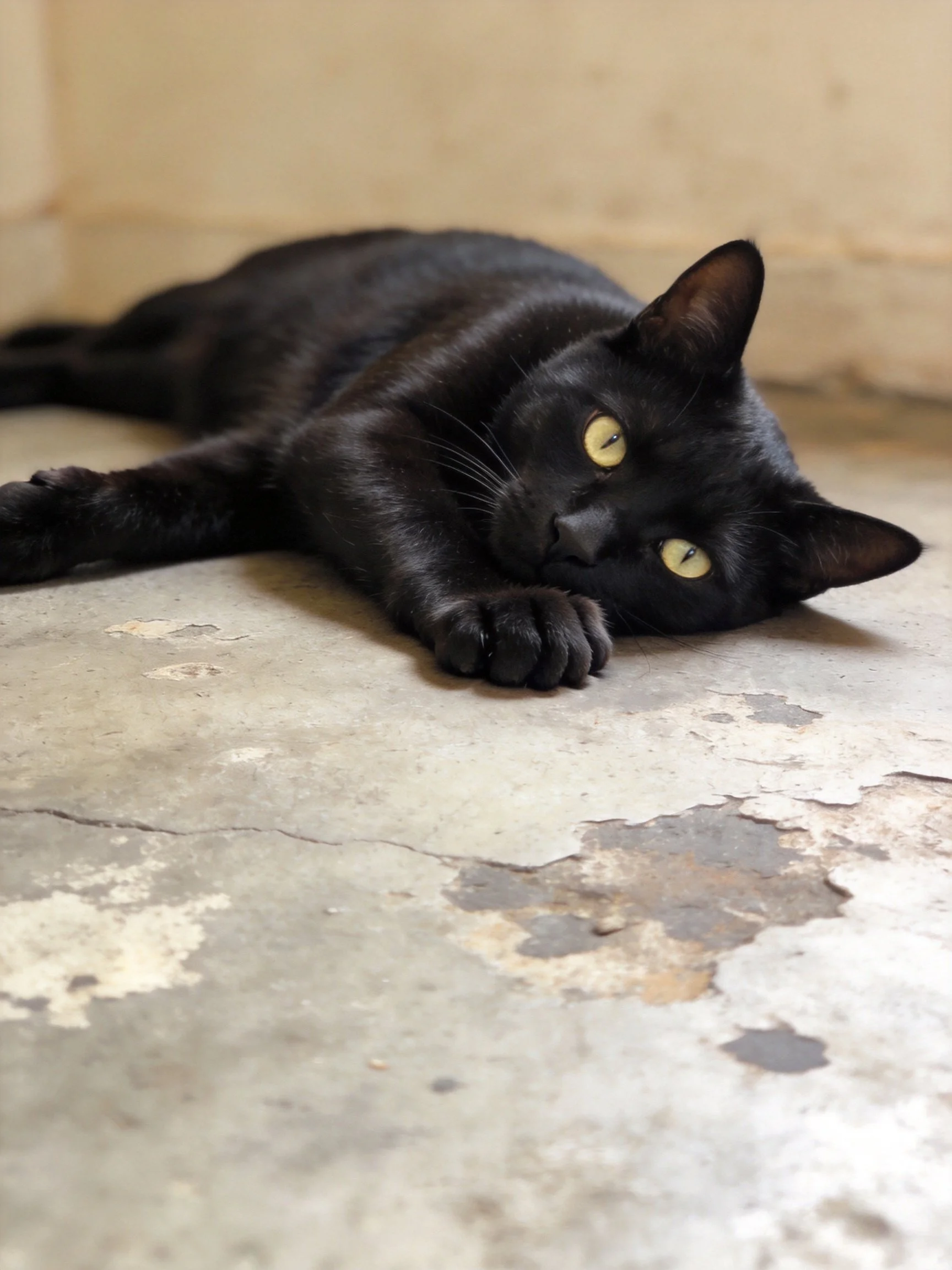 Sleek black cat with yellow eyes on weathered concrete