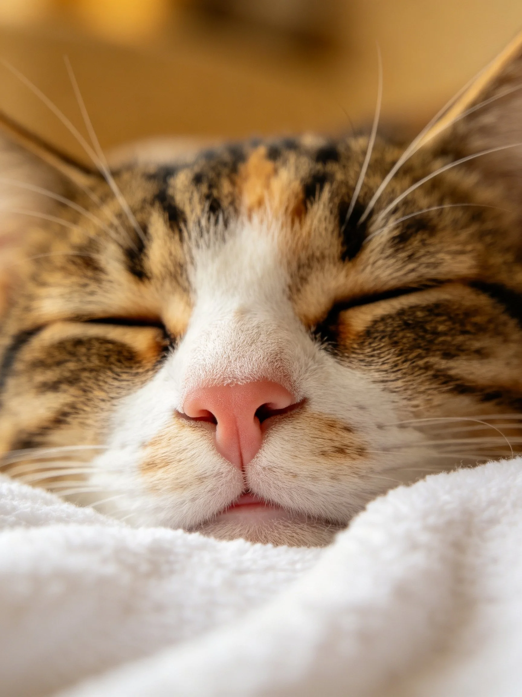 Sleeping tabby cat nestled in a fluffy white towel