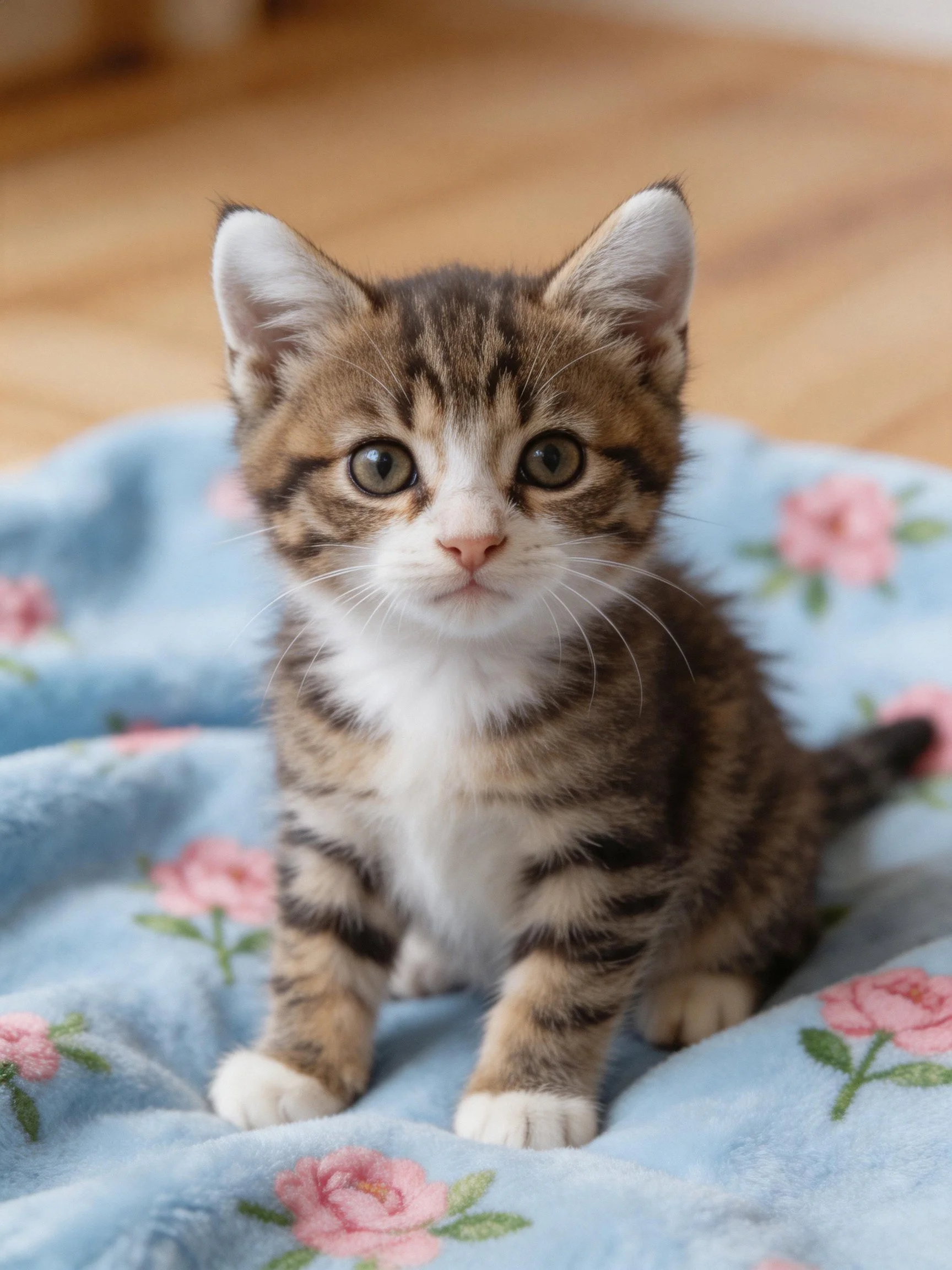 Young tabby kitten sits on a blue floral blanket.
