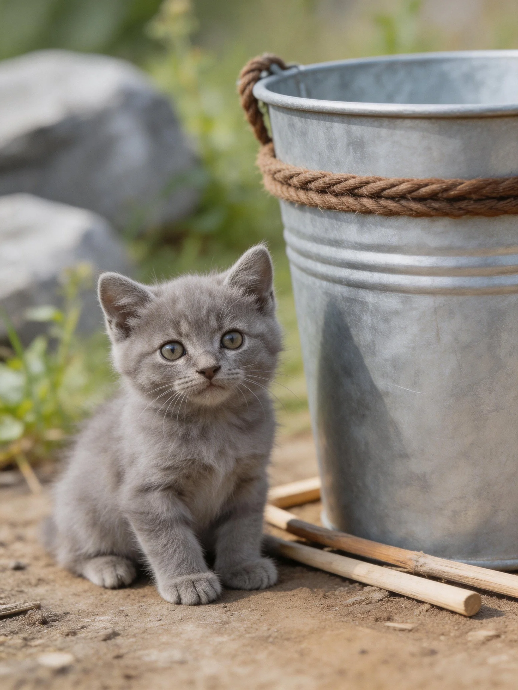 A gray kitten sits beside a metal bucket in an outdoor setting.