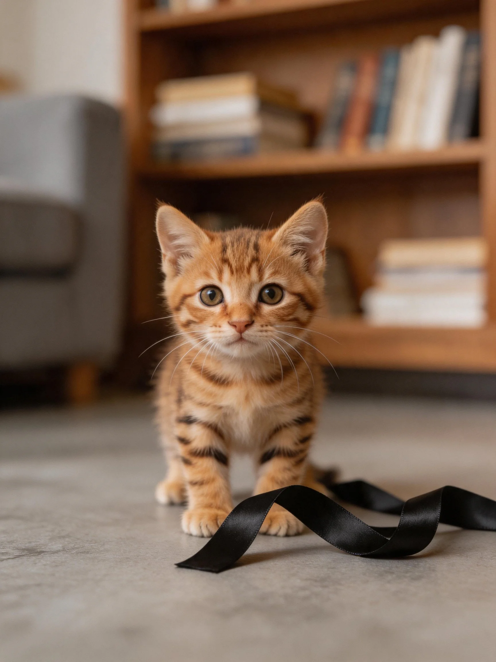 An orange tabby kitten stands near a black ribbon in a cozy indoor environment.