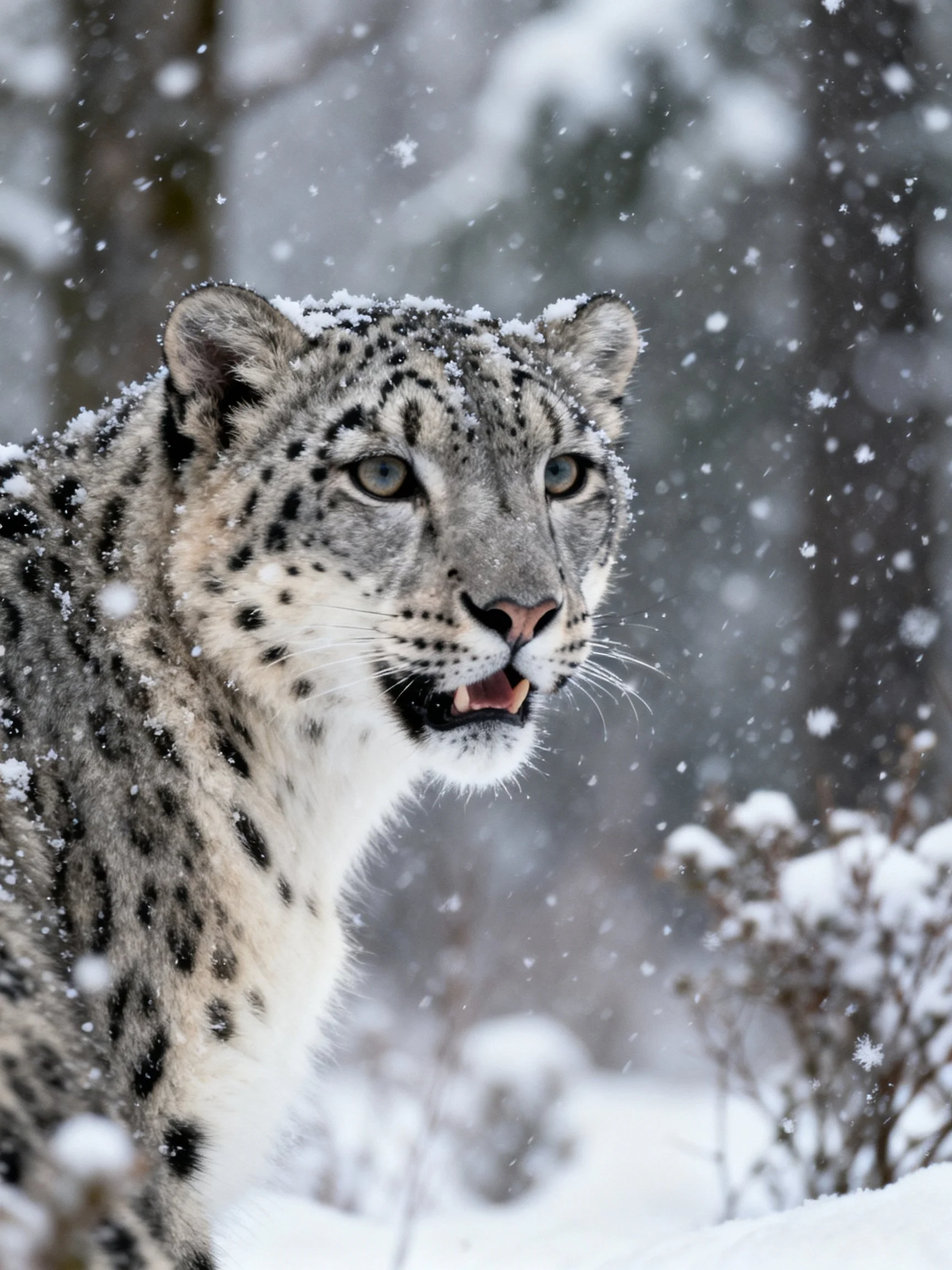 Snow leopard with thick spotted coat in blizzard-like snowfall