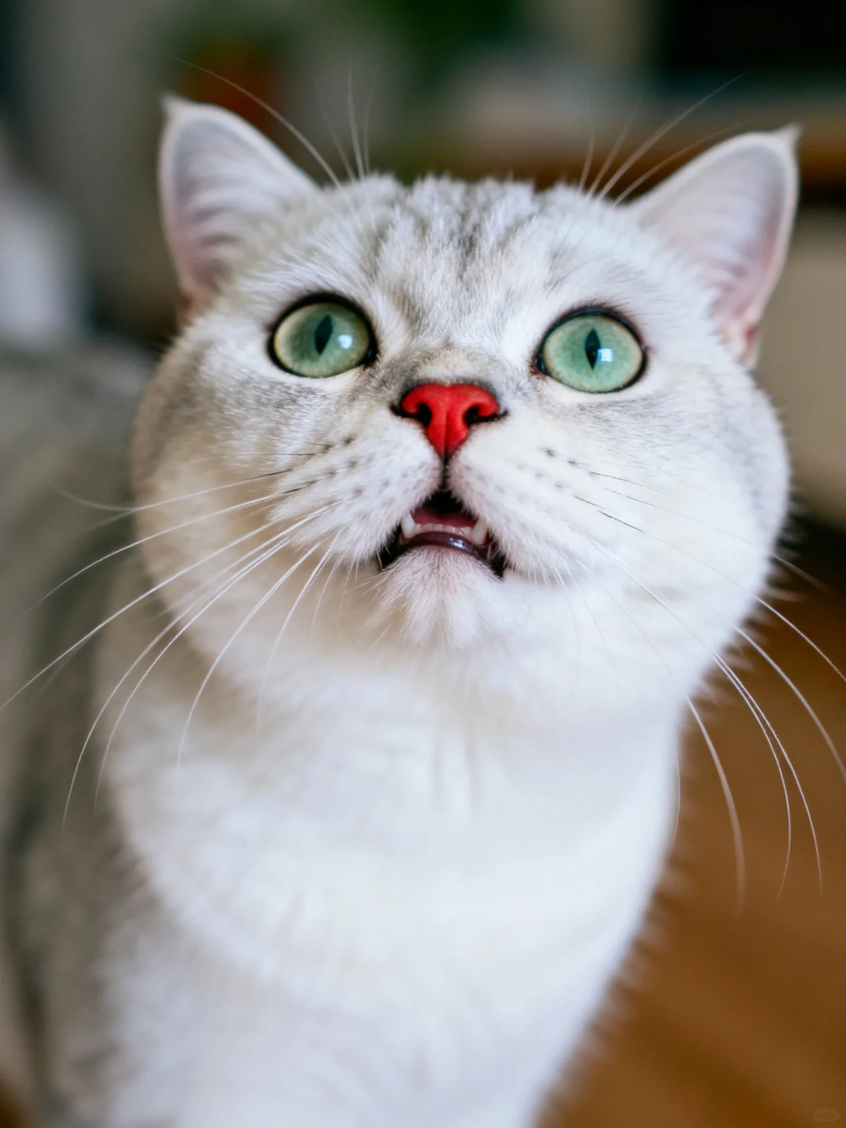 Surprised white cat with green eyes and red nose