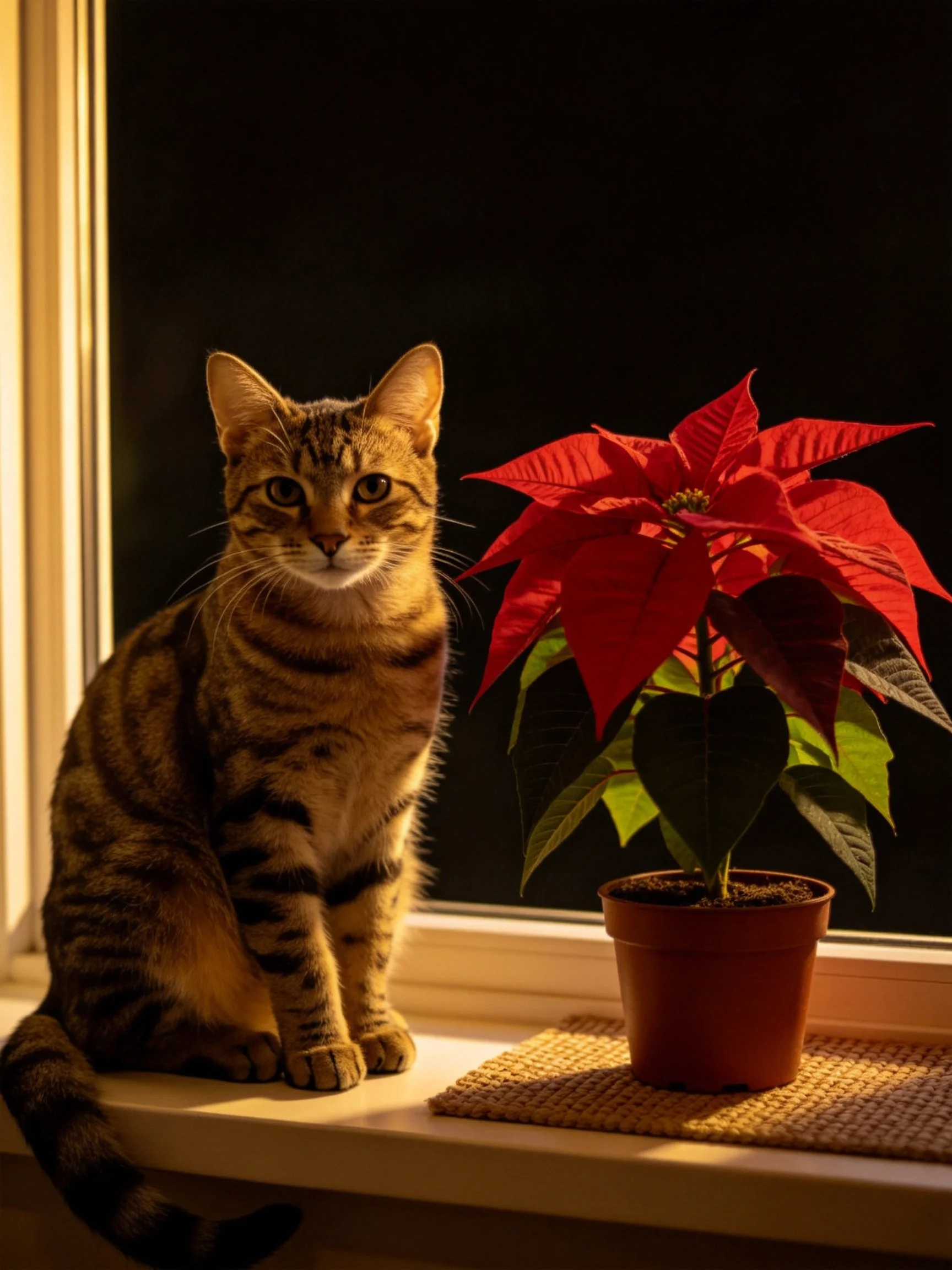 A tabby cat sits next to a poinsettia plant on a sunlit windowsill.