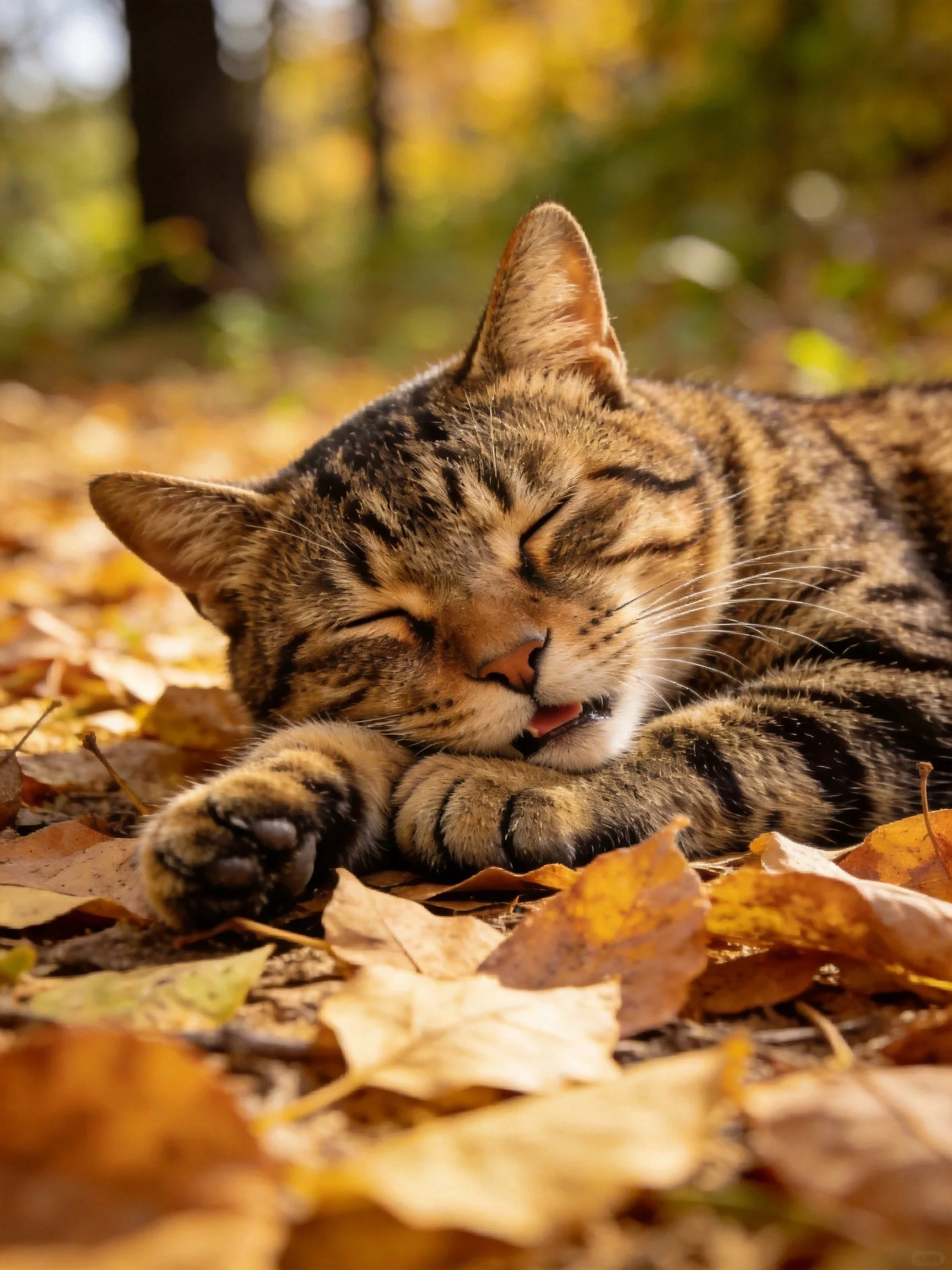 Tabby Cat Napping Among Golden Autumn Leaves