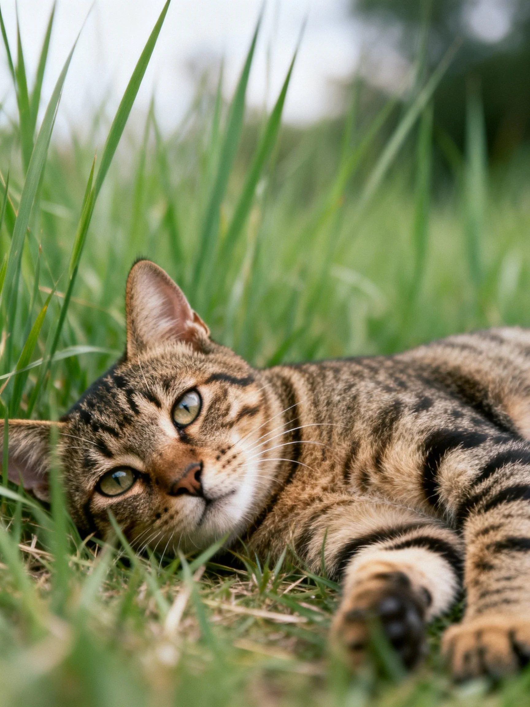 A tabby cat rests in lush green grass.