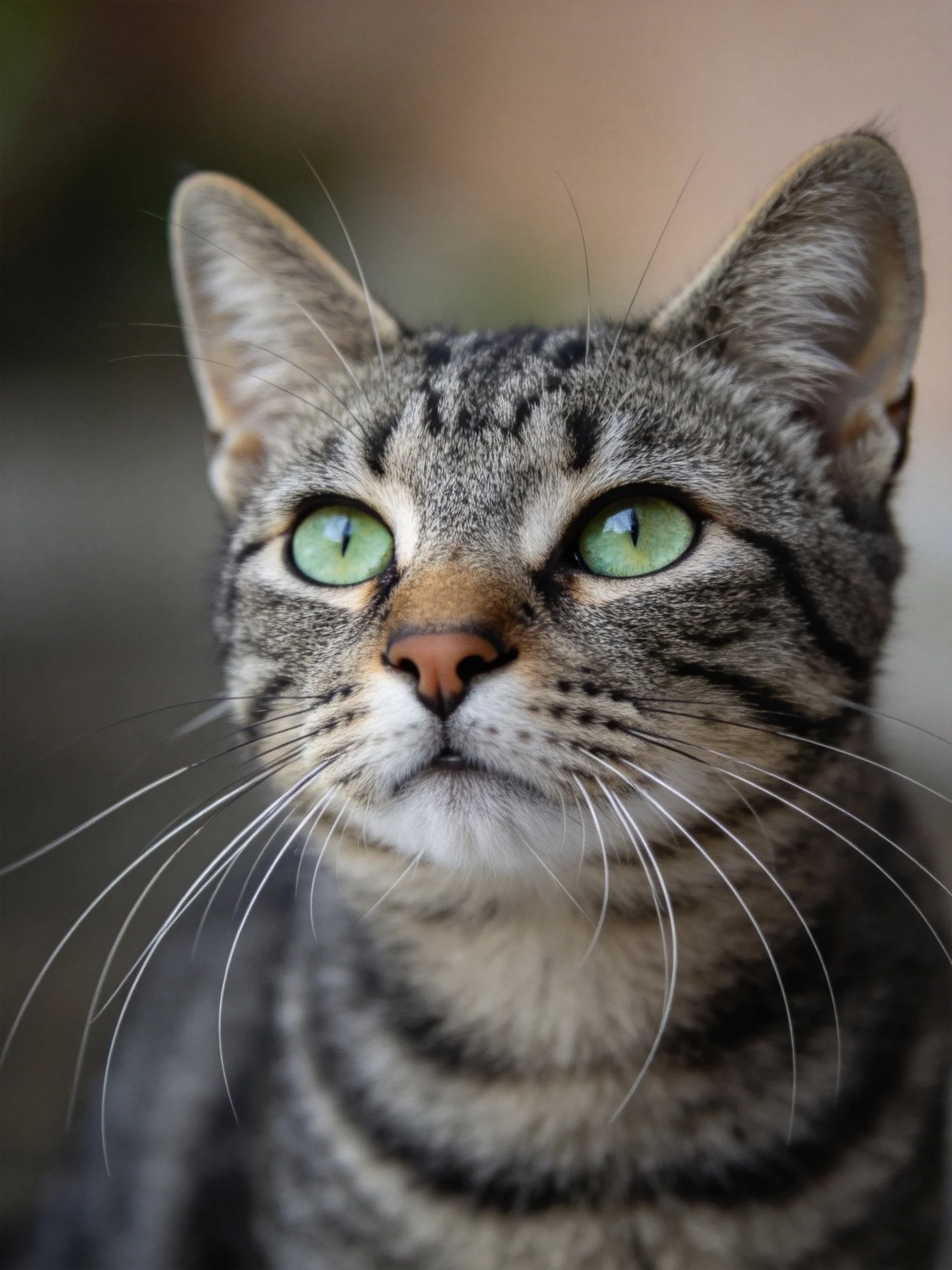 A tabby cat with vivid green eyes gazes serenely at the viewer.