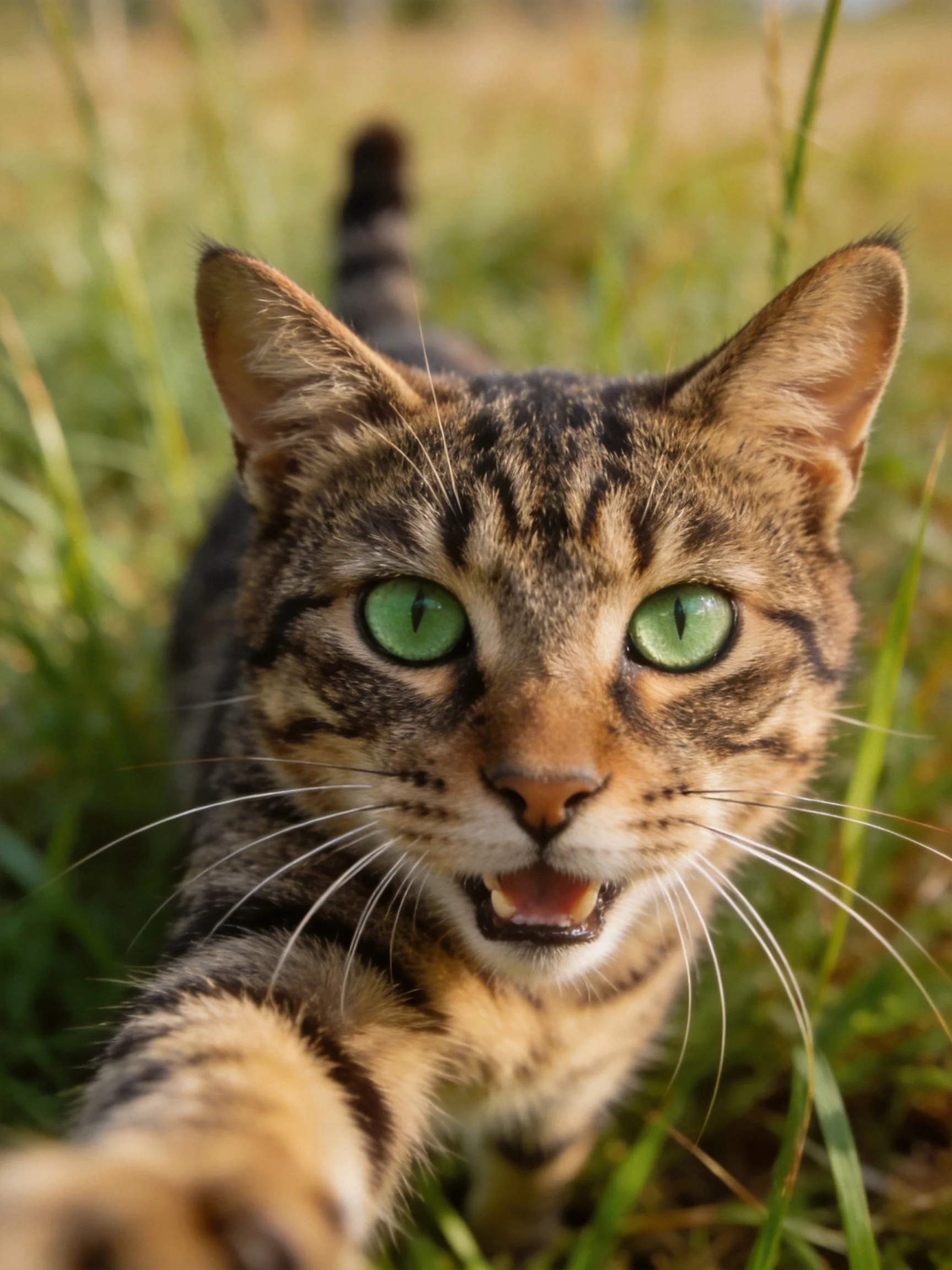A tabby cat with bright green eyes is photographed closely amid tall grass.