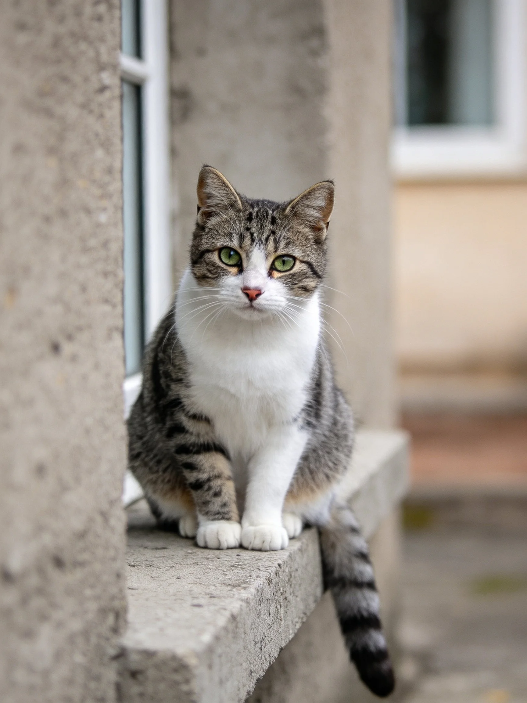 Tabby and white cat on stone windowsill near concrete wall