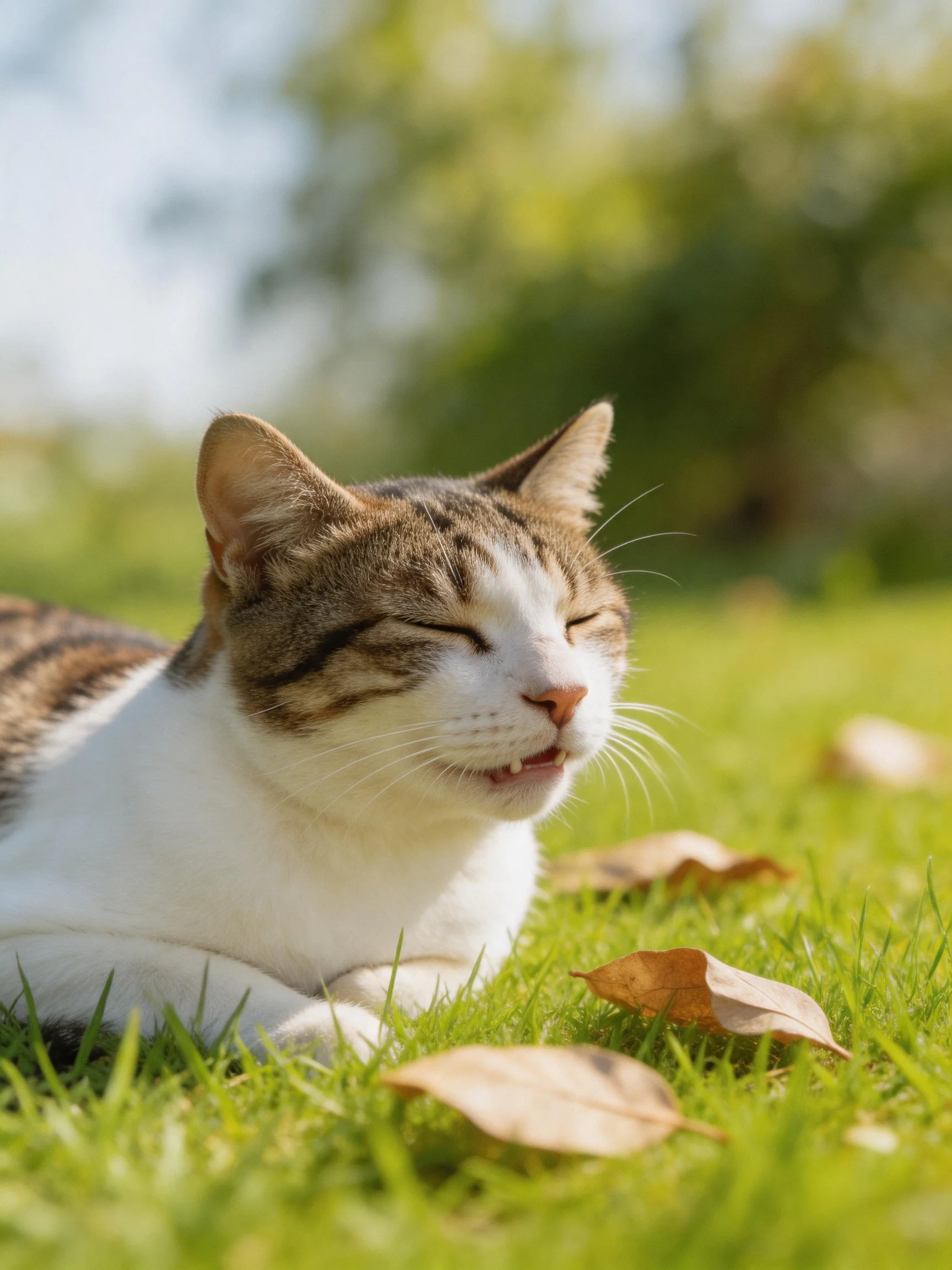 A tabby and white cat relaxes on green grass near brown leaves under sunny skies.