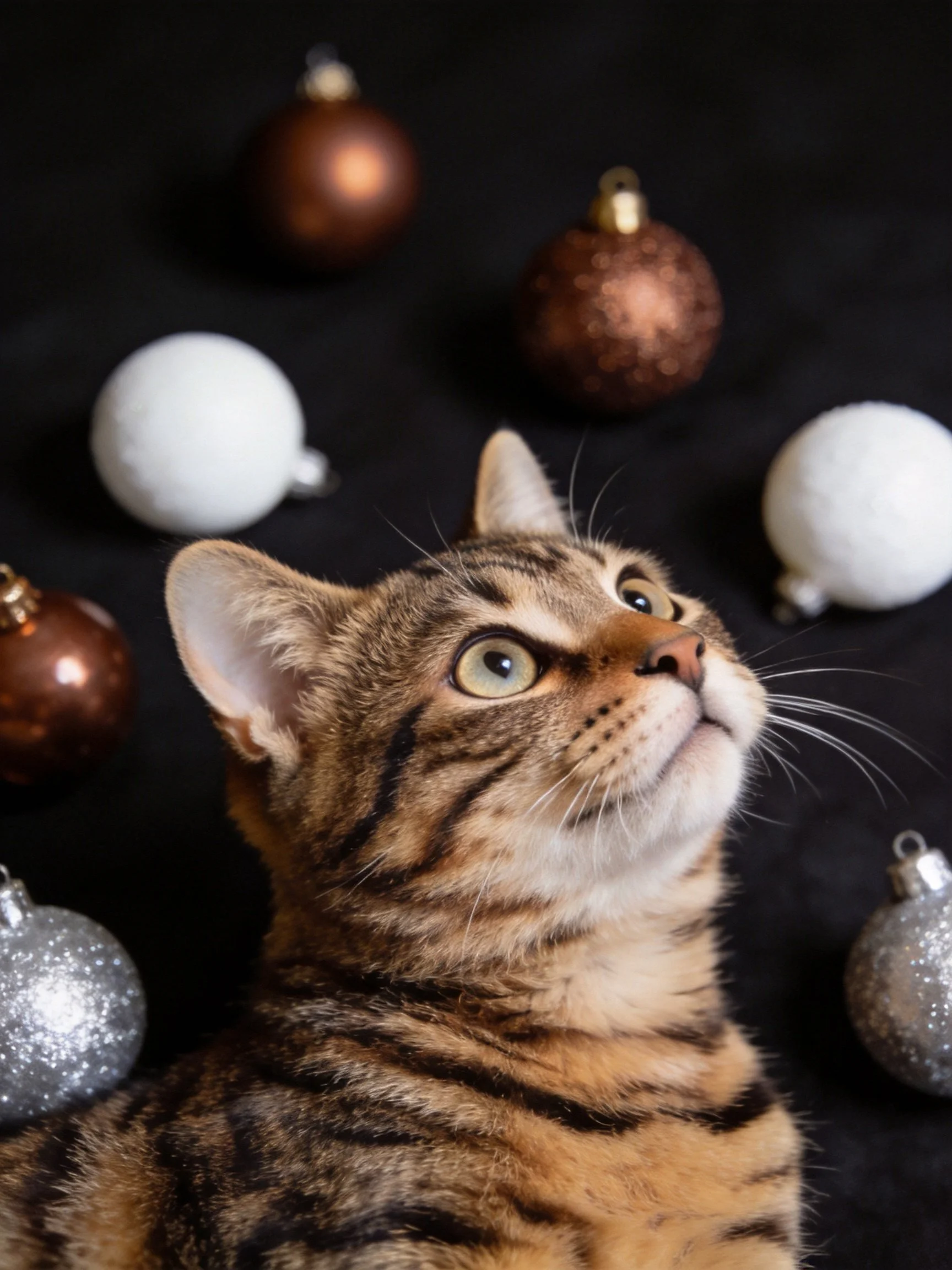 A tabby cat looks upward amid assorted colored ornament balls.