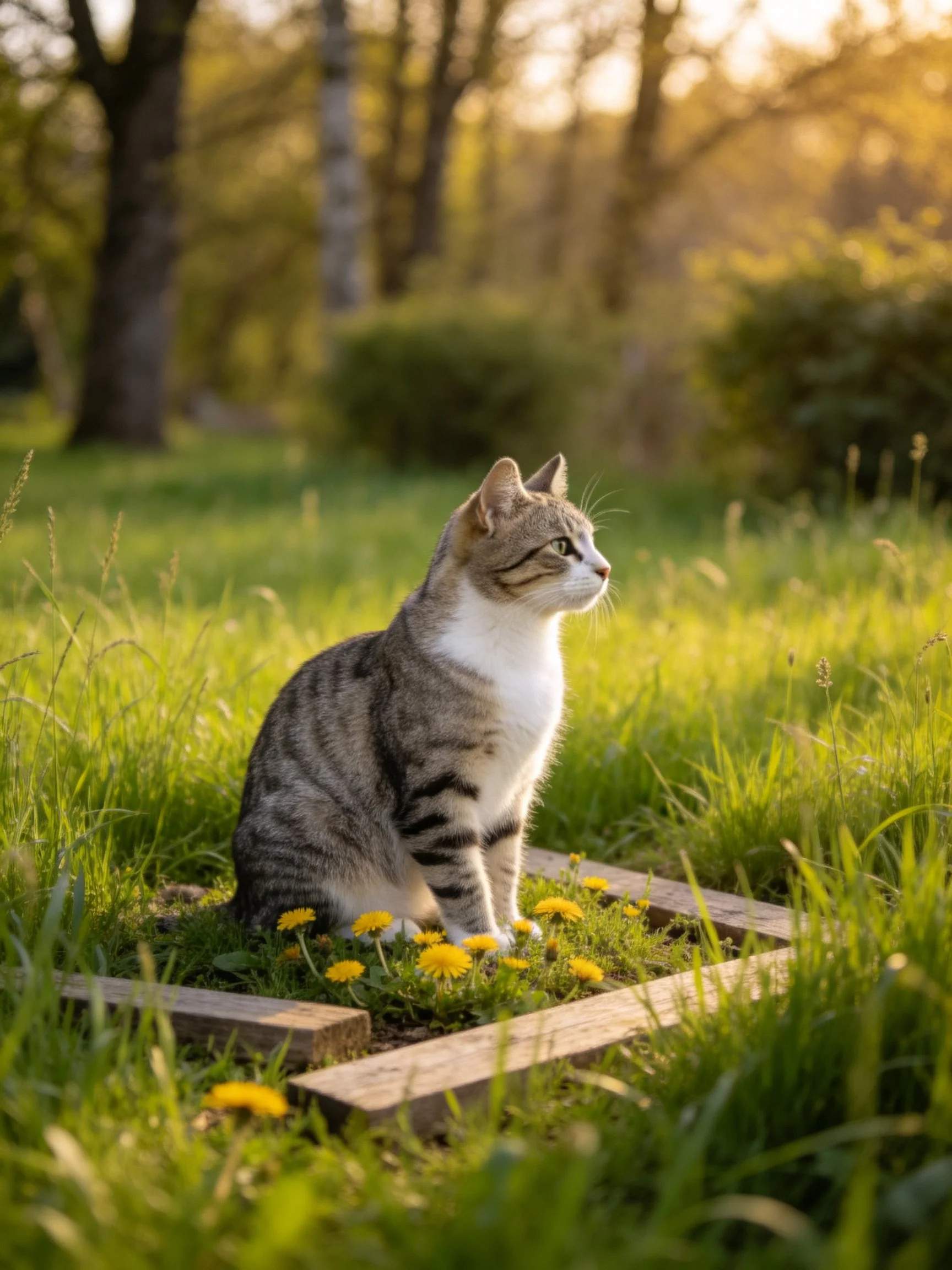 A tabby cat sits near dandelions and wooden planks in a sunlit outdoor setting.