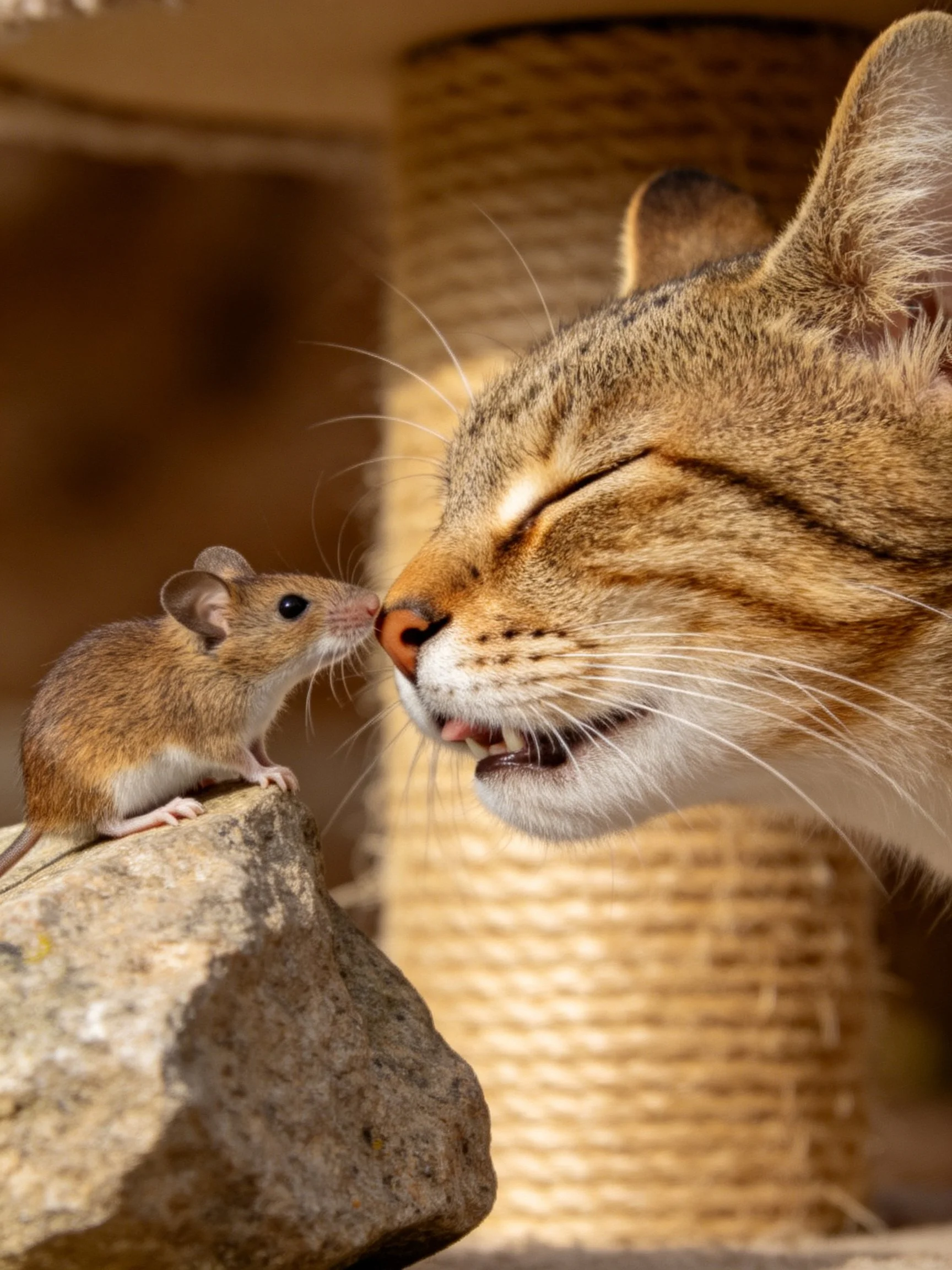A tabby cat shares a gentle moment with a small brown mouse near a rock.