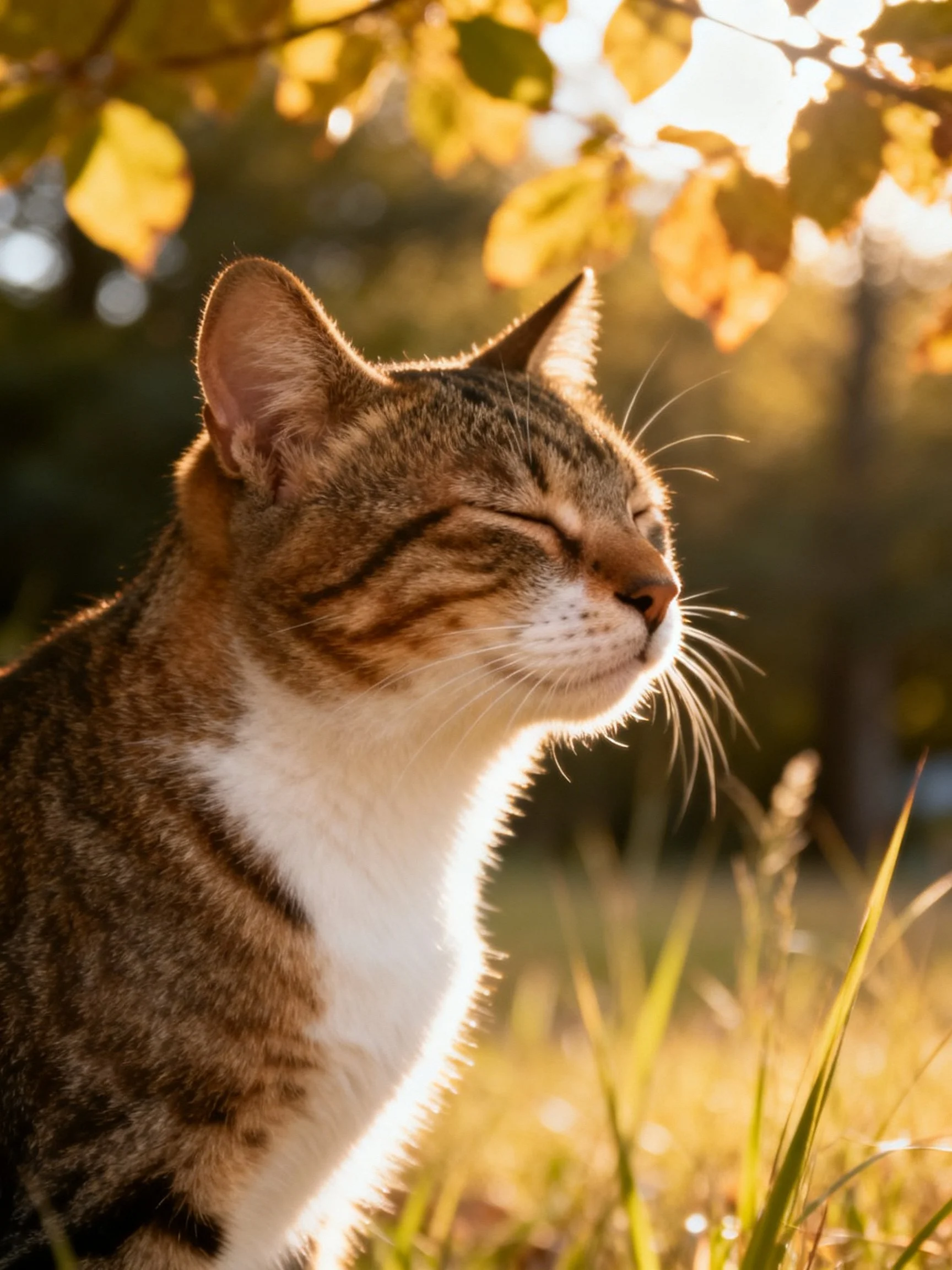 Tabby cat basking in golden sunlight among autumn leaves
