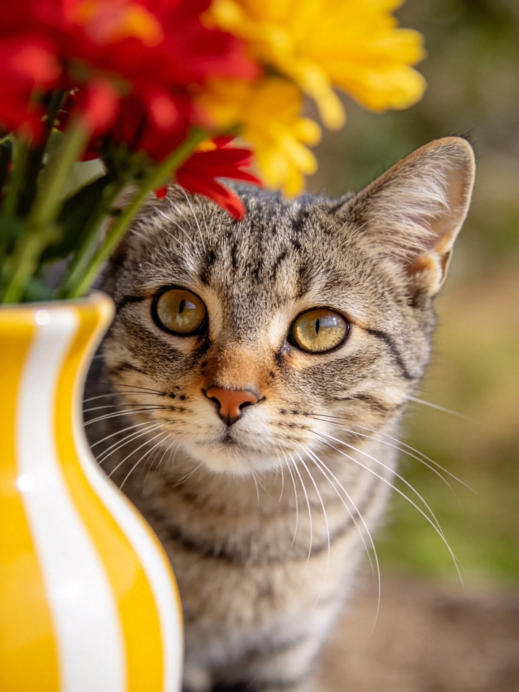 A tabby cat sits near a vase with red and yellow flowers