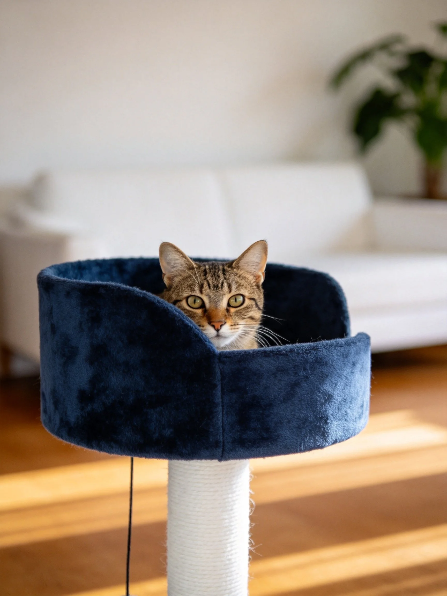 Tabby cat in navy velvet cat bed near white sofa