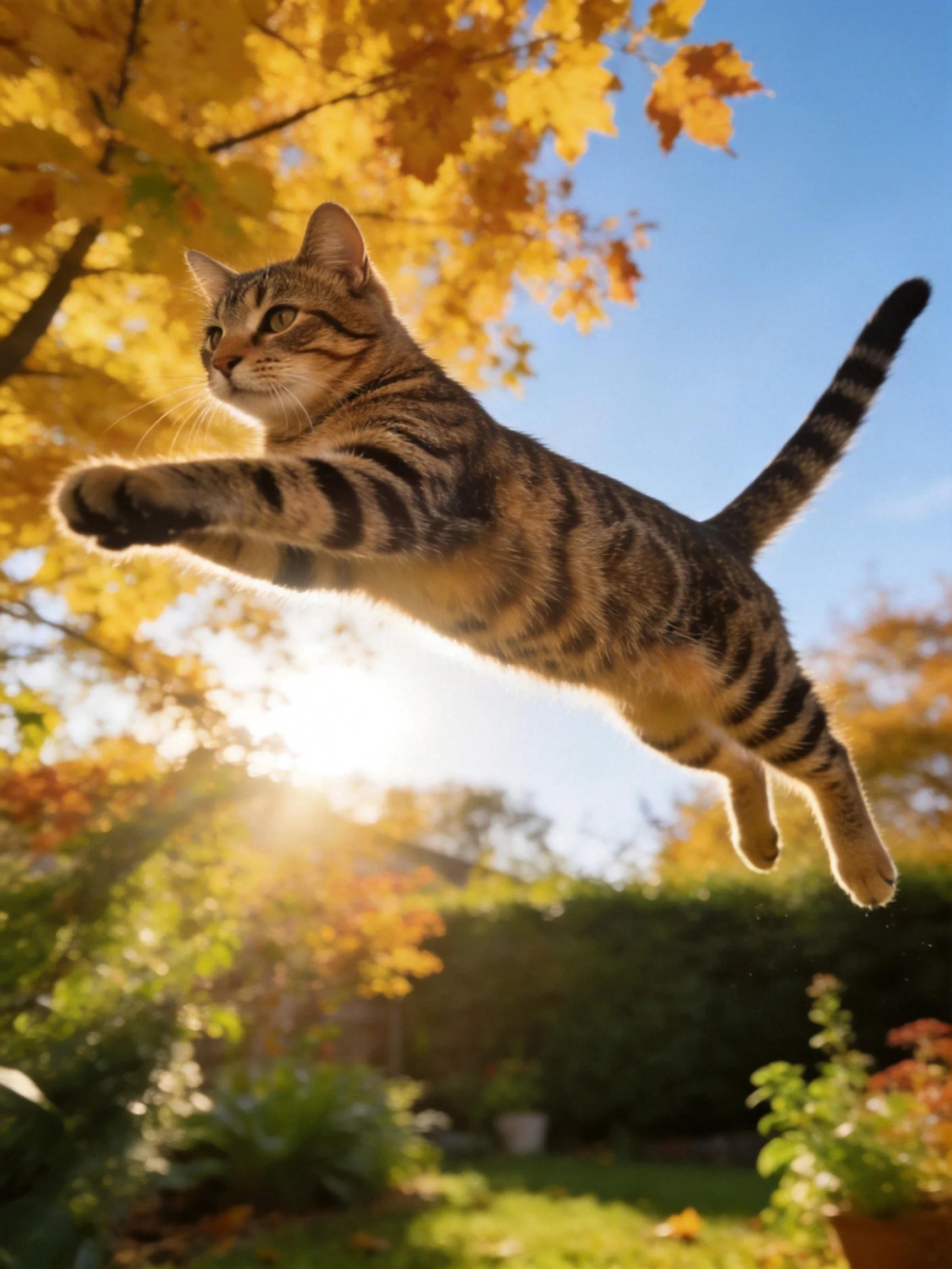 Tabby cat leaps mid-air near golden autumn foliage under bright sunlight