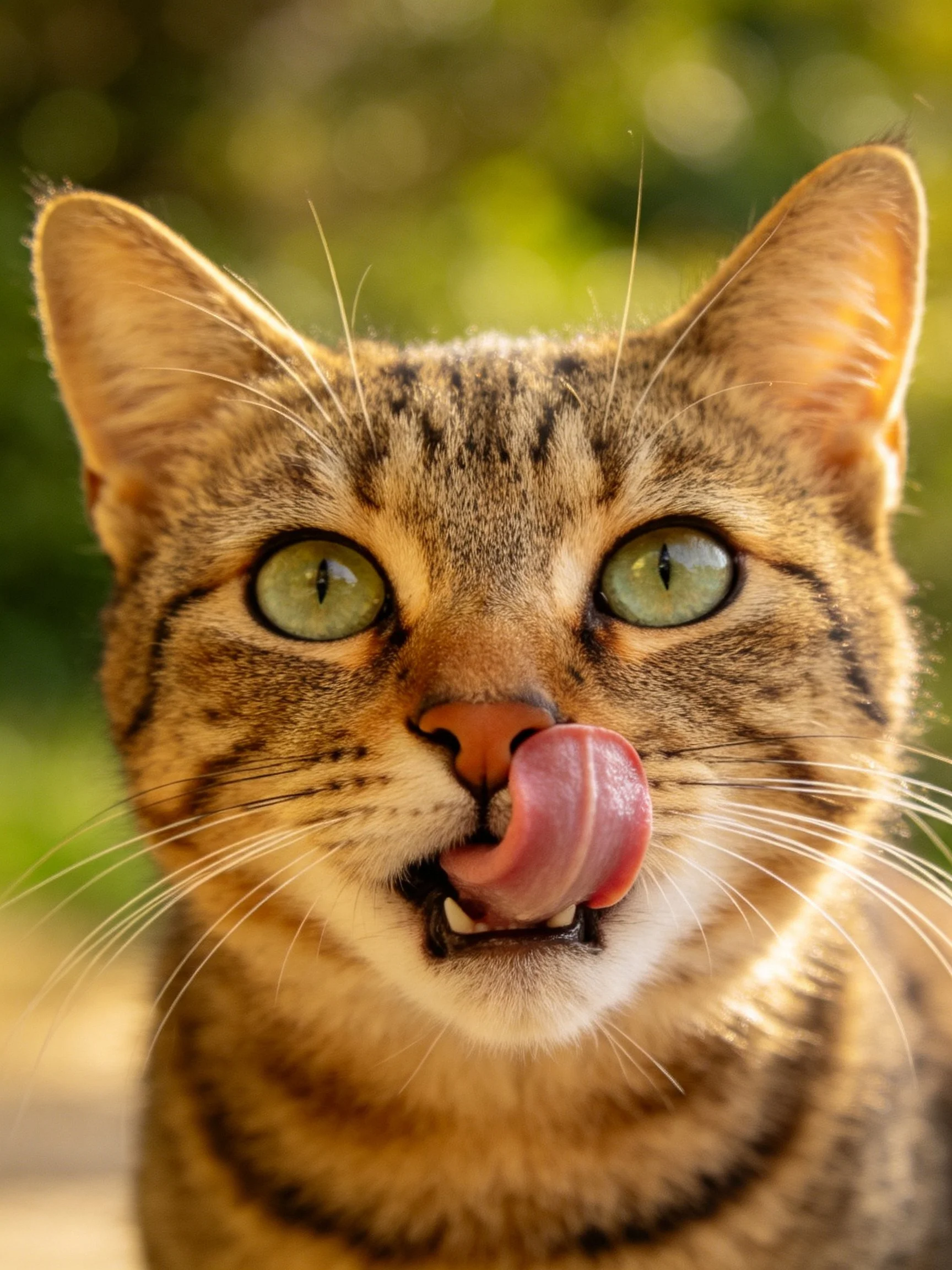 Tabby cat licking nose with bright green eyes and striped fur