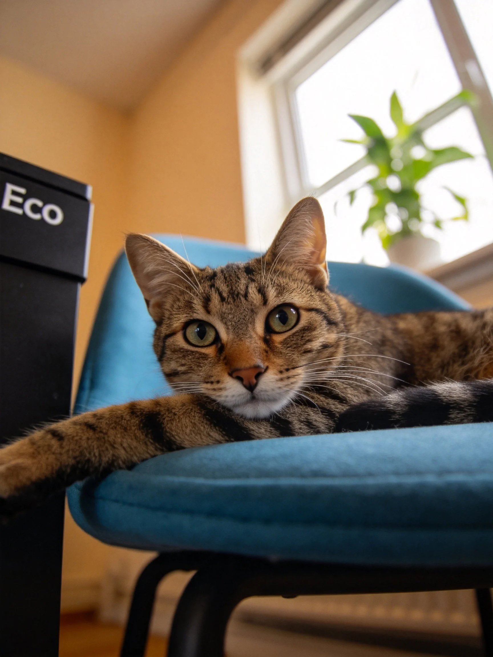 Tabby cat lounges on blue chair near Eco bin under natural light